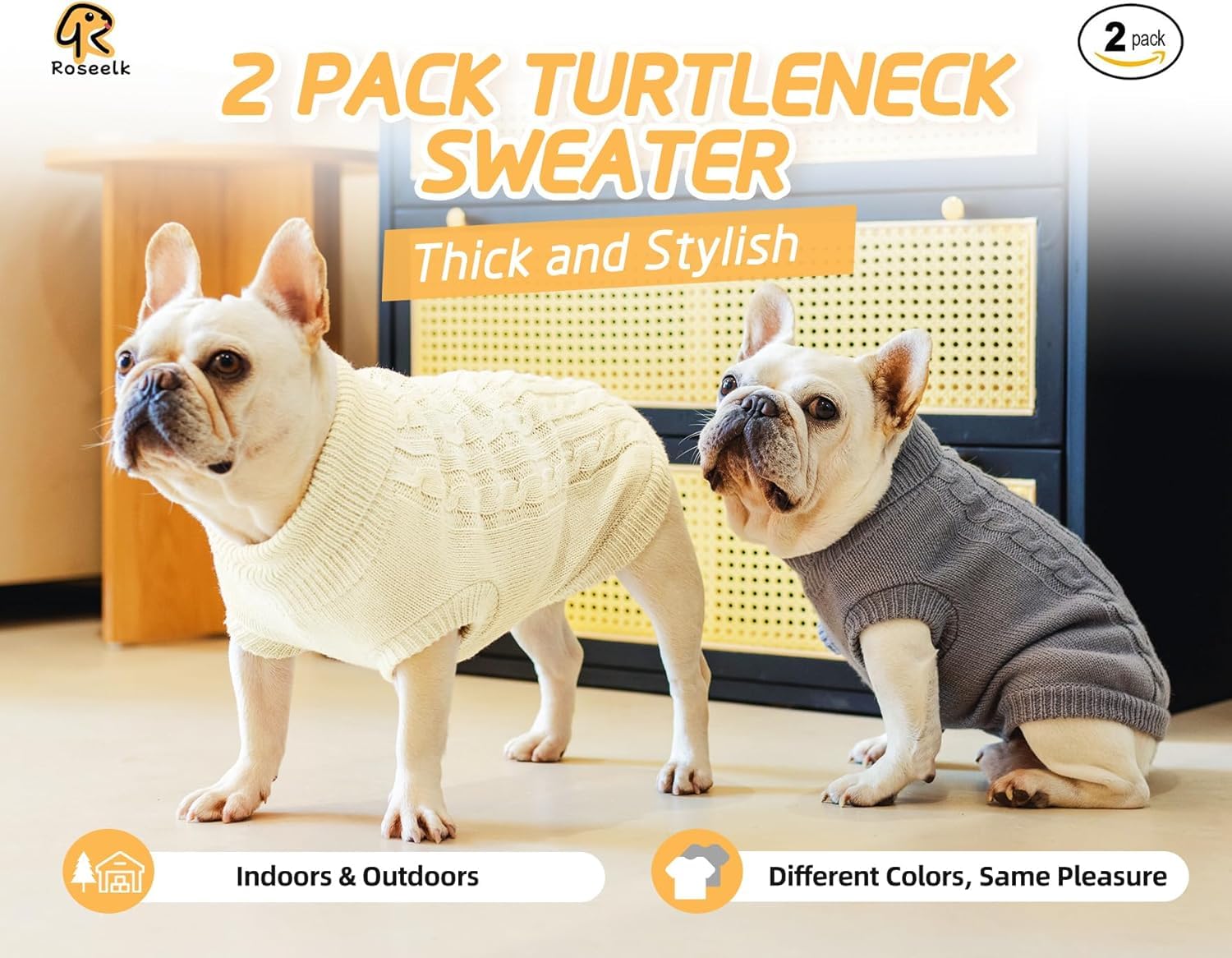 Roseelk 2 Pack Dog Sweaters For Small Dogs - Puppy Medium/Large Warm Clothes In Winter, Turtleneck Pullover Design For Boy Girl Pet, Doggie, Cat, Kitten Chihuahua Bulldog Pug Beagles (3Xl, Grey, Pink)