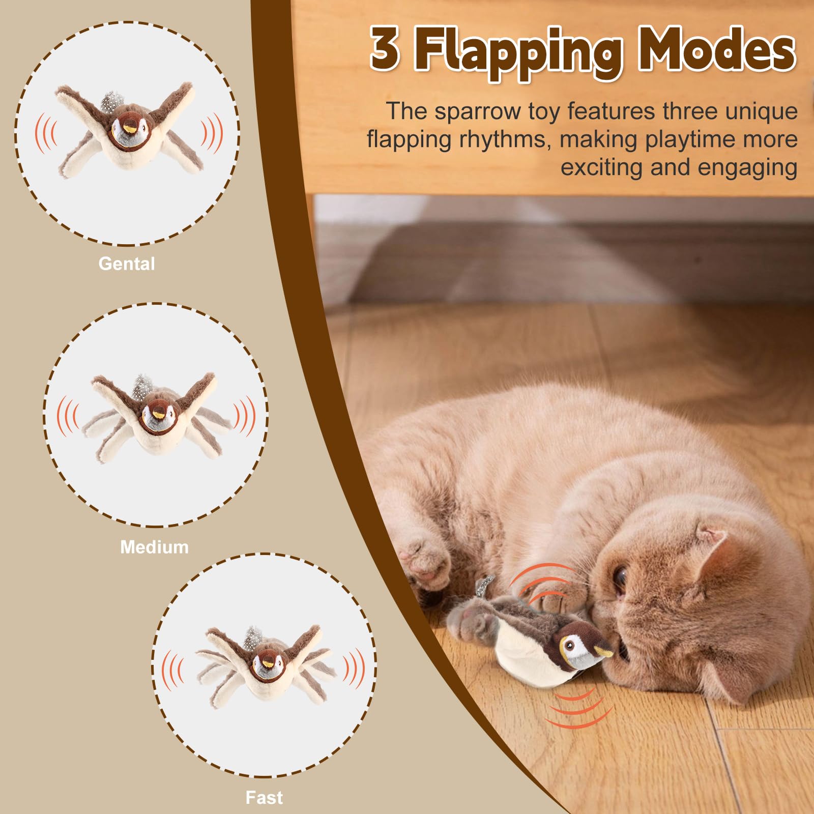 Poreids Chirping Bird Cat Toy - Interactive Flapping Bird Cat Toy For Indoor Cats, Simulated Rechargeable Flappy Sparrow With Ca