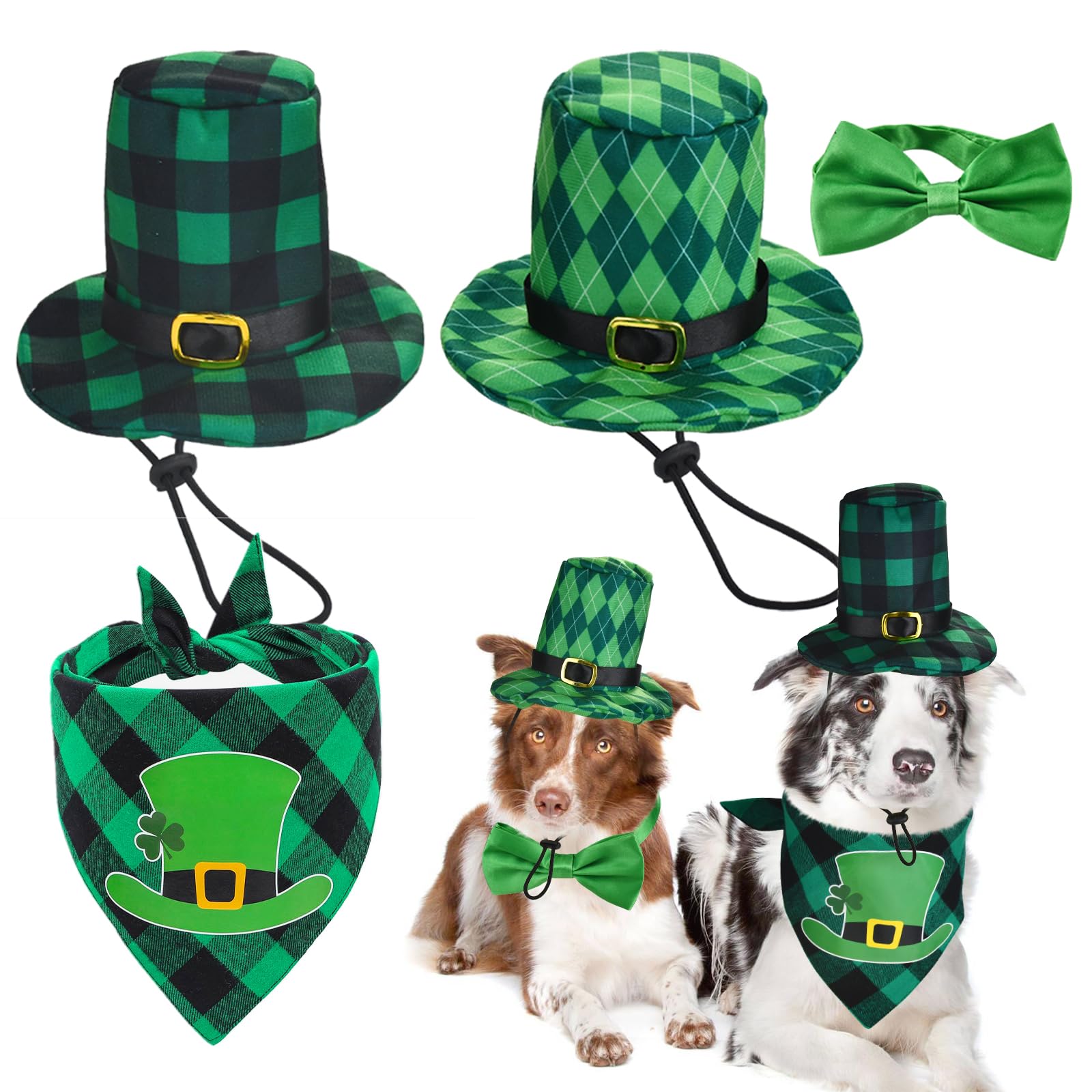 Vehomy 4Pcs St Patrick'S Day Dog Hat Collar And Bandana Costumes Buffalo Plaid Dog Hats Cotton Dog Shamrock Scarf Bowtie Irish H
