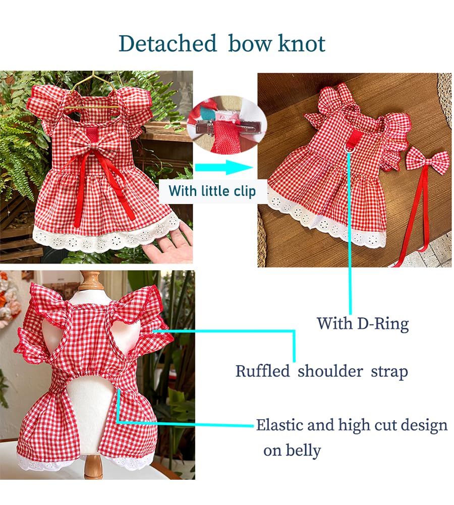 Aniac Plaid Dog Dress With Leash Ring Girl Dog Clothes For Small Dog Bow Decor Red Cat Dress For Cat Only Holiday Puppy Clothes