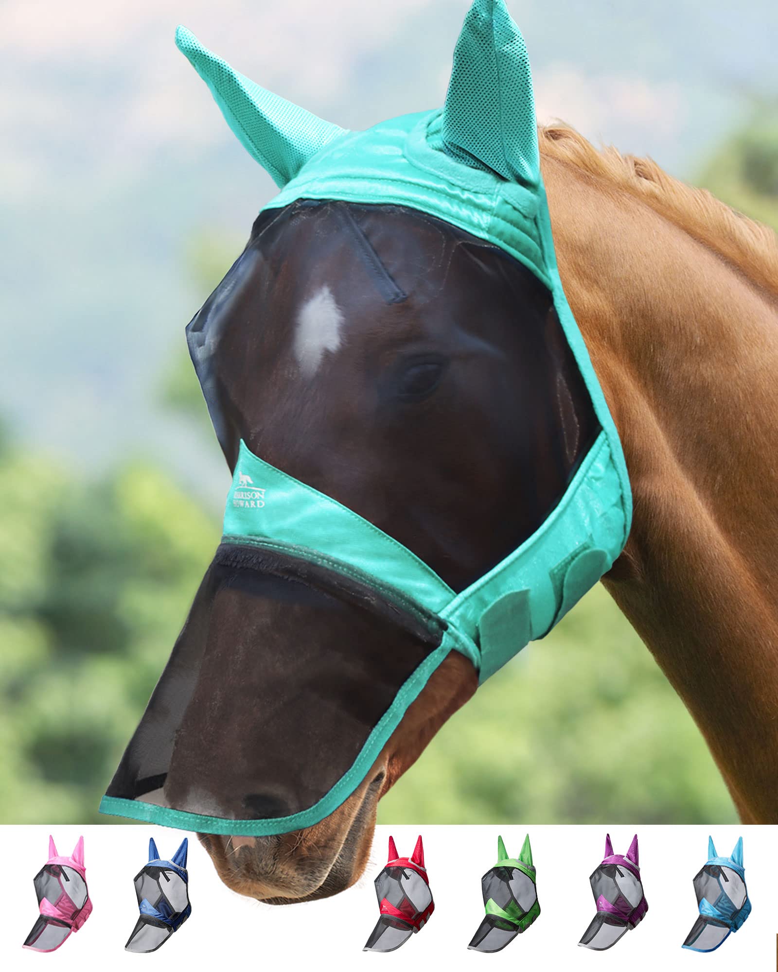 Harrison Howard CareMaster Pro Luminous Horse Fly Mask Large Eye Space Long Nose with Ears UV Protection for Horse Summer Mint S