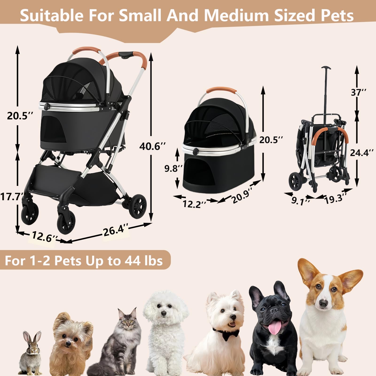 Dog Stroller For Medium Dogs, Cyumail Pet Stroller For Small And Medium Dogs And Cats Weighing Up To 50 Lbs, Cat Strollers For 2