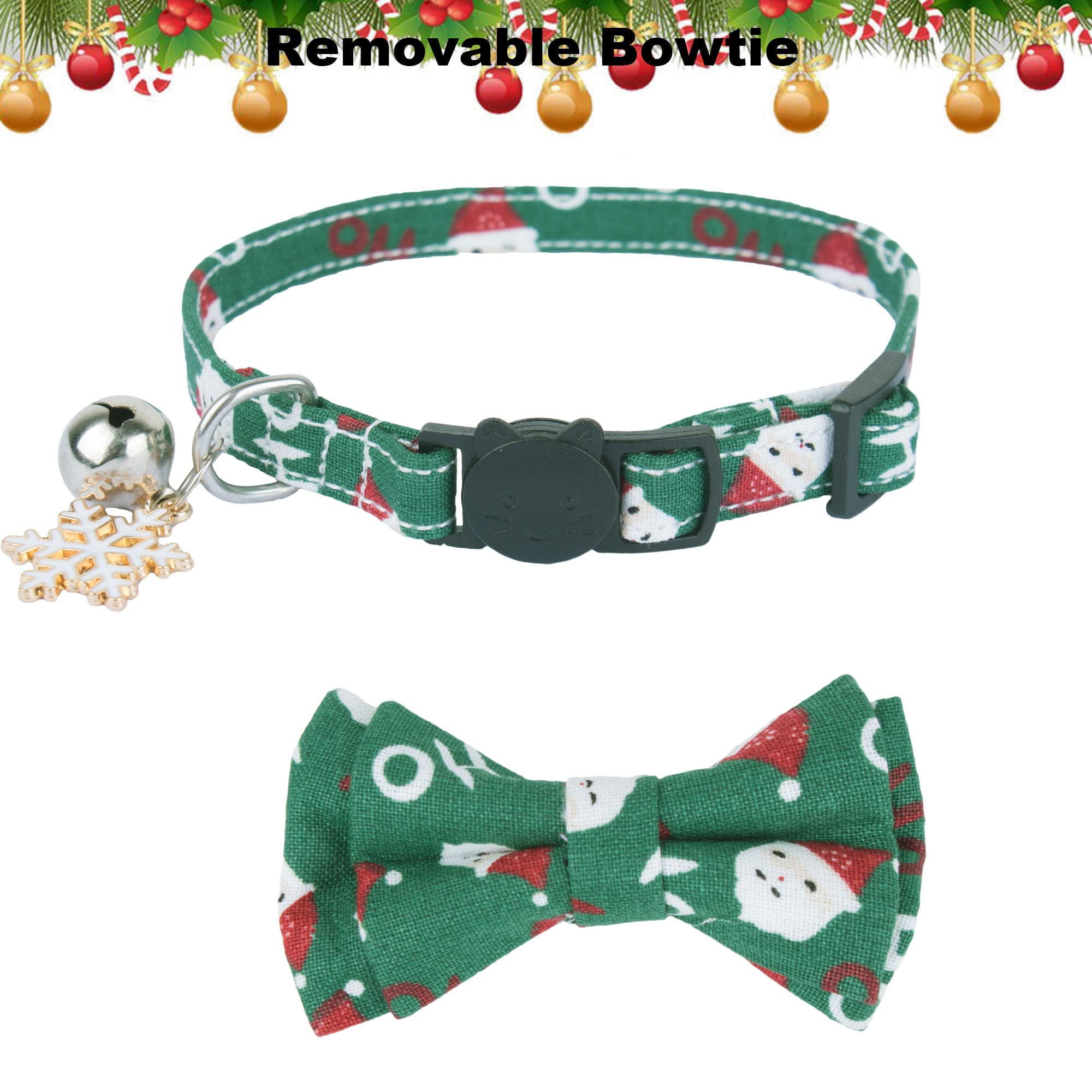 Adoggygo Christmas Cat Collars With Bowtie Bell, 2 Pack Adjustable Xmas Kitten Collar With Removable Bow, Red Green Christmas Co