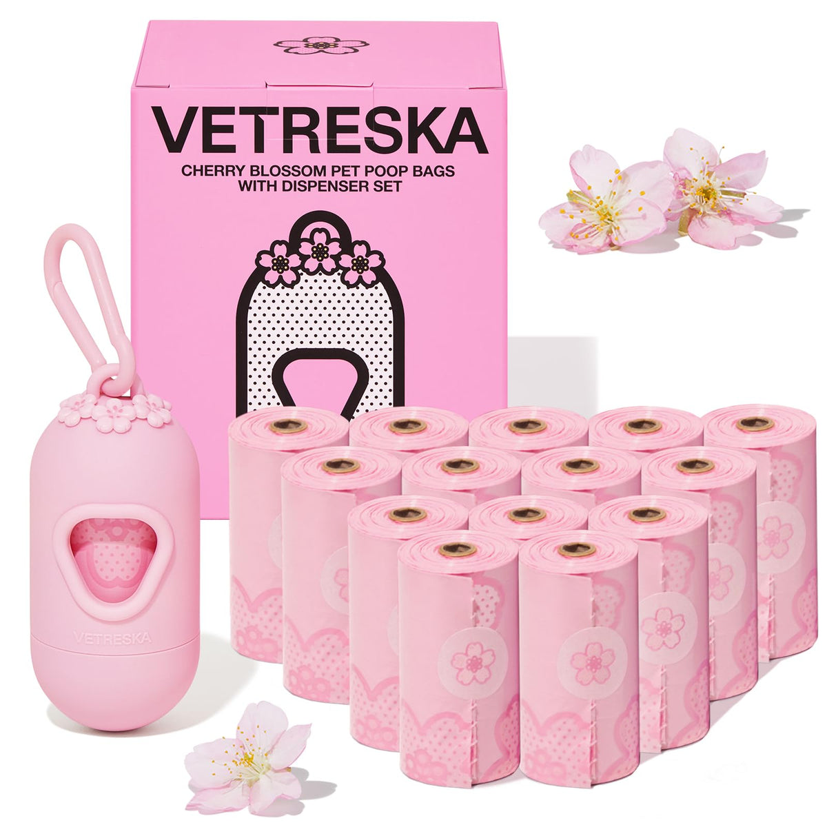 Vetreska Dog Poop Bag Dispenser With Cherry Blossom Scented Bags, Leak Proof And Extra Thick Pet Waste Bags 1 Poop Bag Holder And 225 Bags For Walking Dogs & Cats Litter