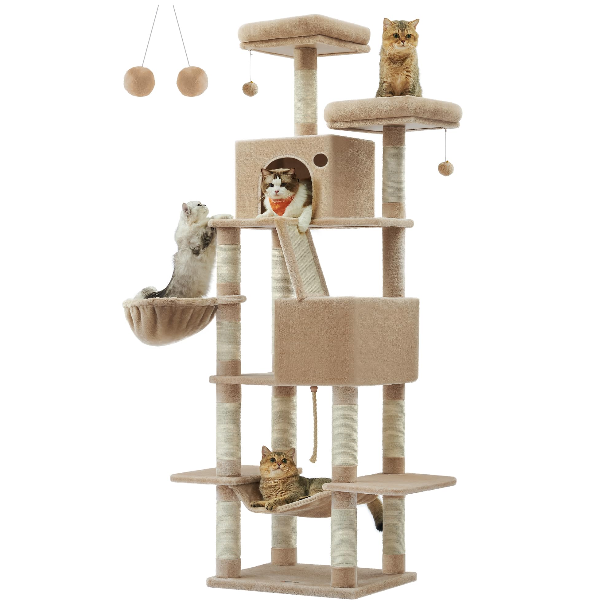 Feandrea Cat Tree, 81.1-Inch Large Cat Tower With 13 Scratching Posts, 2 Perches, 2 Caves, Basket, Hammock, Pompoms, Multi-Level