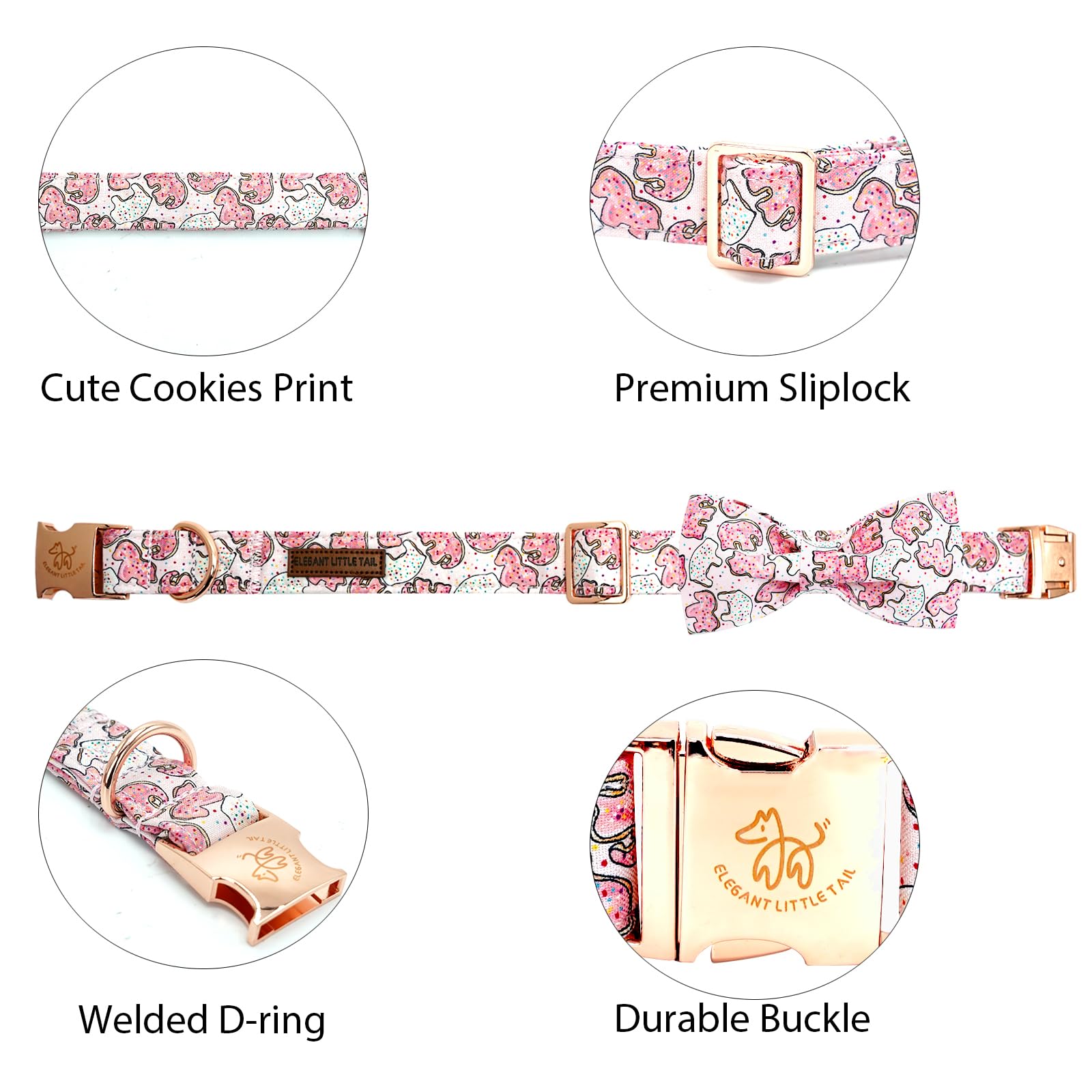 Elegant Little Tail Pink Elephant Cookies Print Cotton Soft Durable Adjustable Dog Collar With Bow For Large Dogs