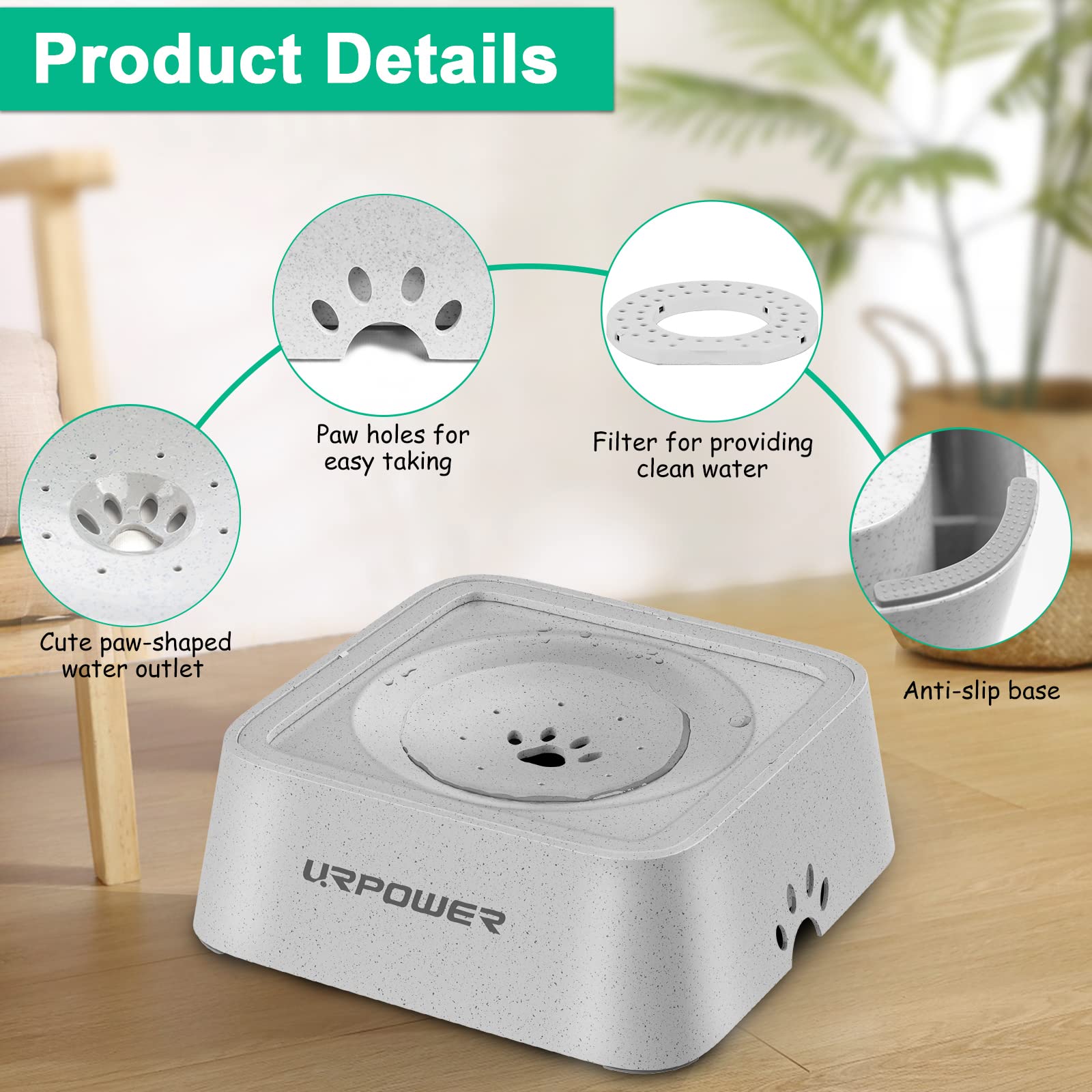 Urpower 2.5L Dog Water Bowl 85Oz Large Capacity No Spill Dog Bowl Cat Water Bowl With Eco-Friendly Material Slow Water Feeder Pe