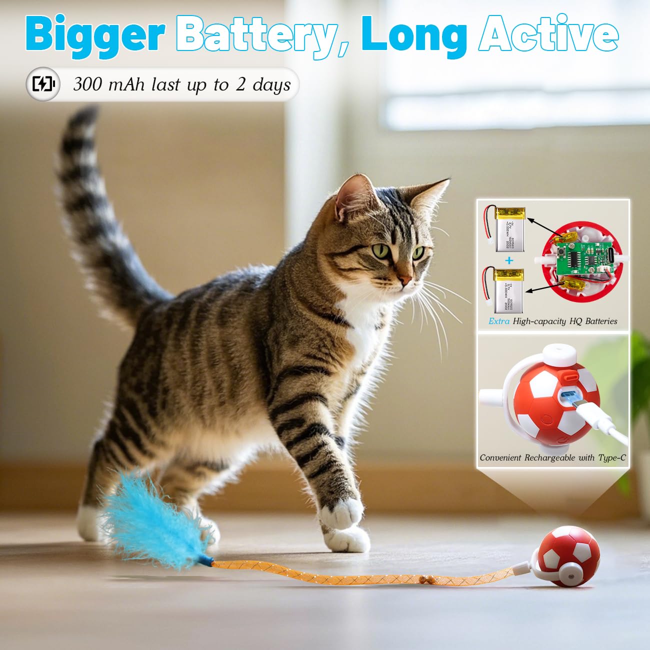 Oosofitt Interactive Cat Toys With Feather Snappy Tail For Bored Indoor Adults Cats, Safe Rolling Toys Ball With 3 Models, Autom