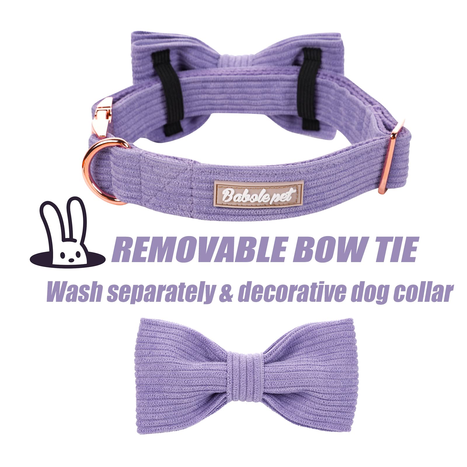 Babole Pet Lavender Dog Collars for Large Dog,Cute Corduroy Dog Collar with Bow Tie Safety Metal Buckle Adjustable Puppy Collars