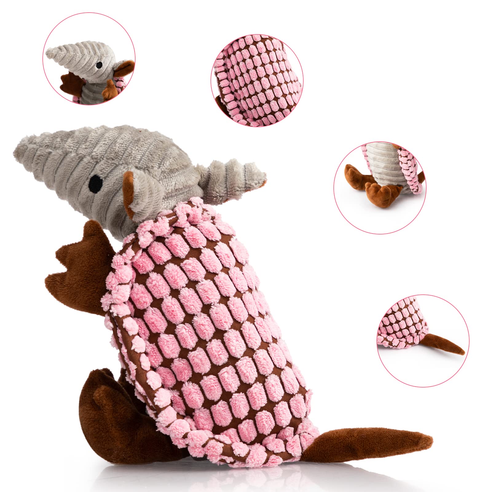Hollypet Dog Toys, Plush Dog Toys, Squeaky Dog Toys, Stuffed Toys For Small Medium Large All Breed Sizes Dogs, Big Armadillo Animals Toy, Puppy Chew Toy With Clean Teeth, Pink