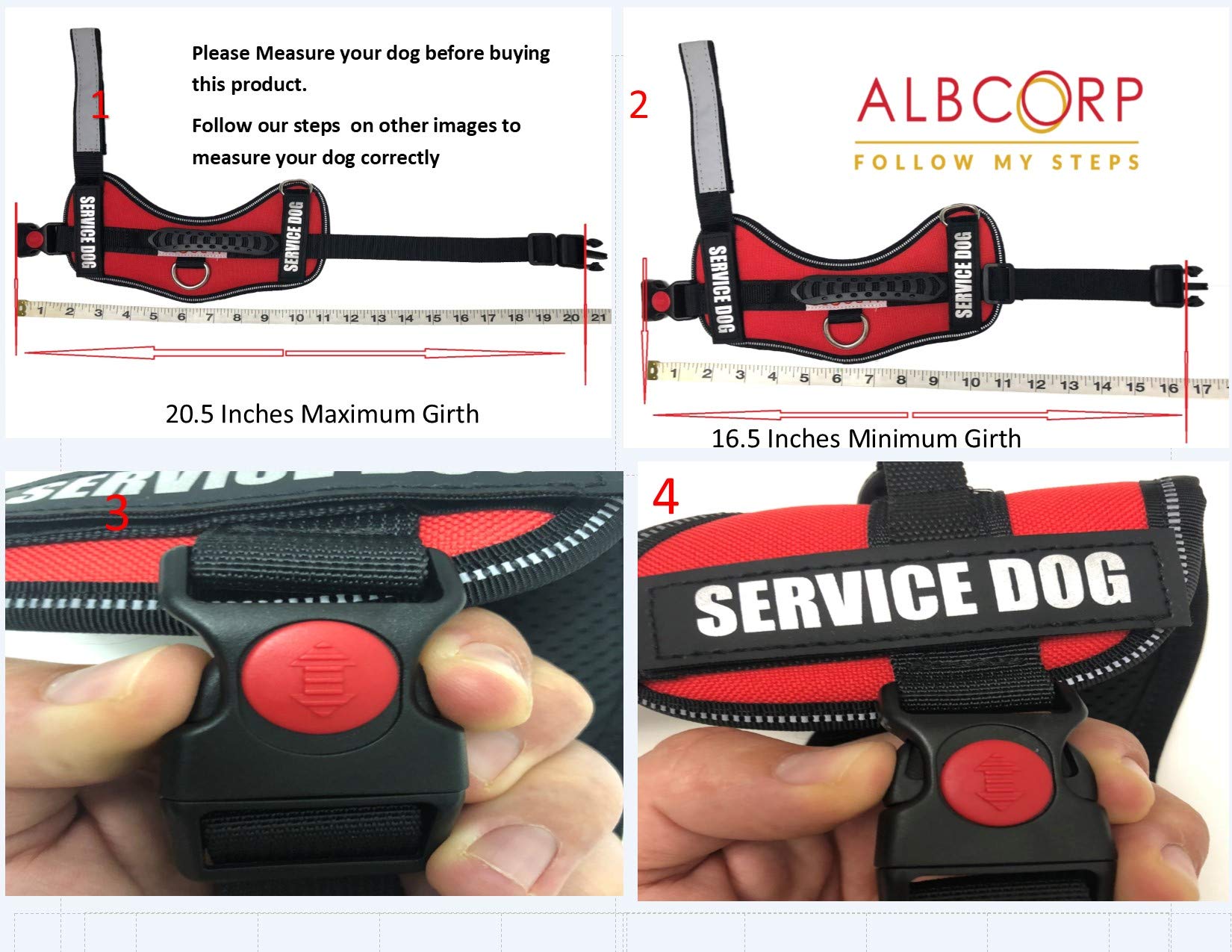 Albcorp Service Dog Vest Harness - Reflective - Woven Polyester & Nylon, Comfy Mesh Padding, Extra Small, Red