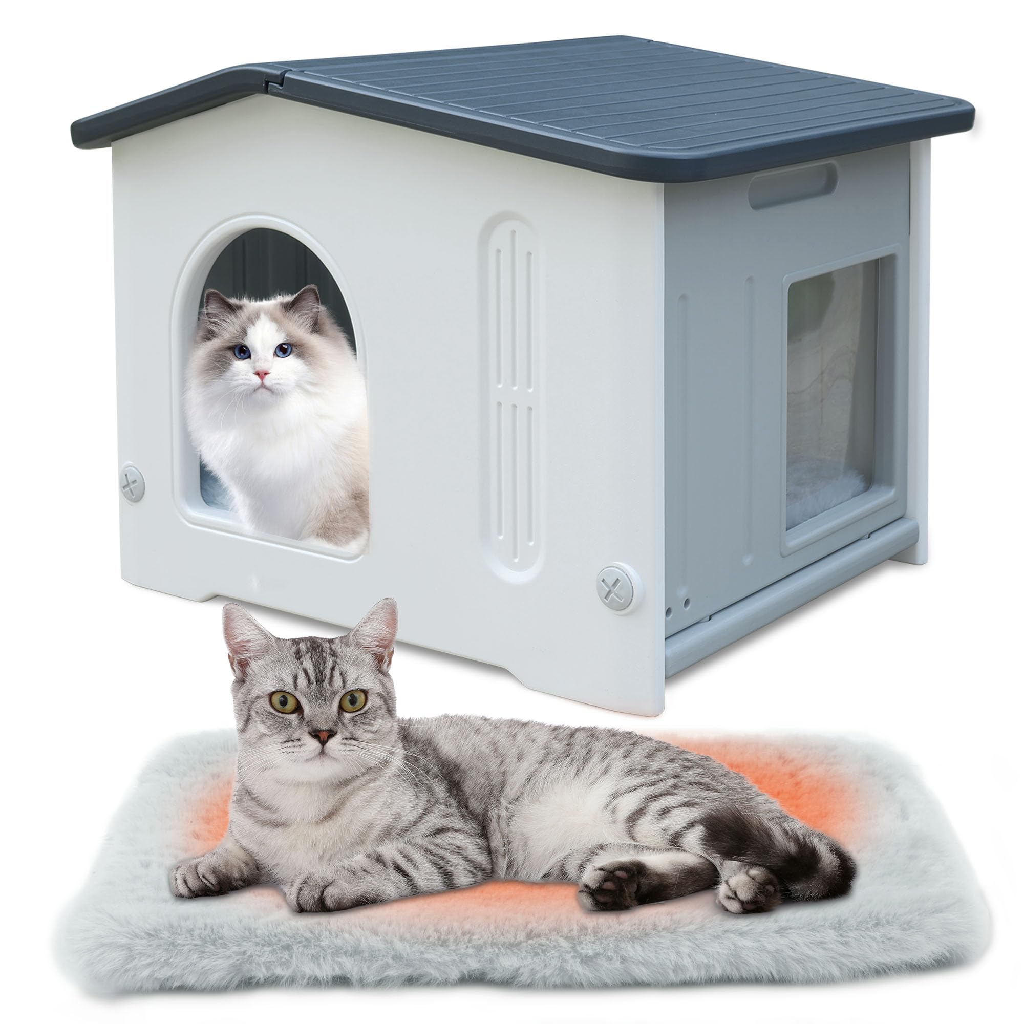 Rockever Plastic Outdoor Cat House with Escape Door, Waterproof Cat Shelters for Feral Cats Indoor Cat House with Mat, Sturdy Ca