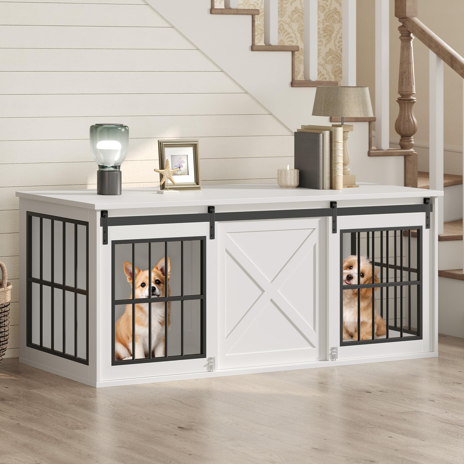 MAHANCRIS Dog Crate Furniture for 2 Dogs, 63 Heavy Duty Dog Kennel with Sliding Barn Door, Wooden Double Dog Crate with Divider