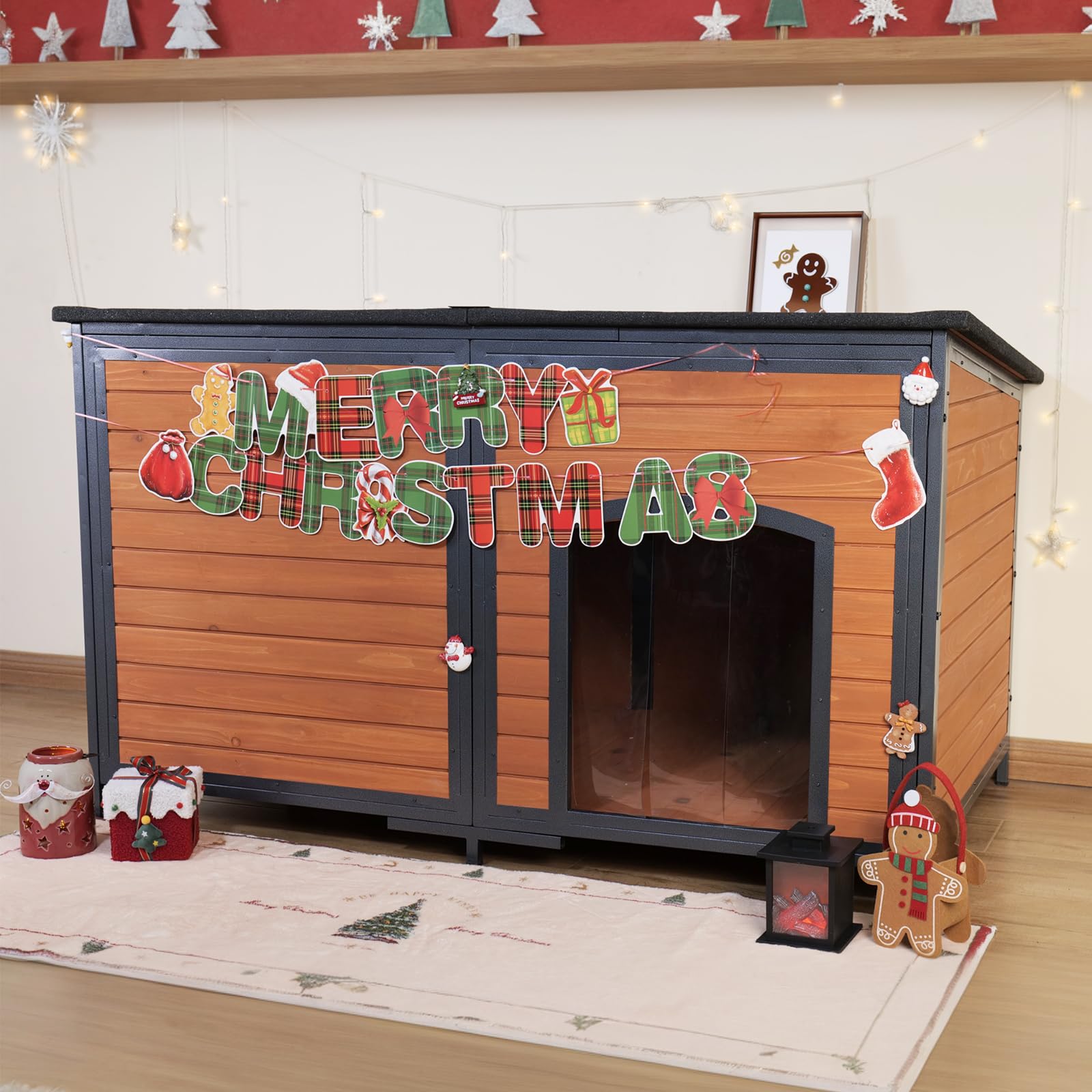 Funxplore Extra Large Dog House Outdoor Weatherproof 59.1'' Outside Wooden Dog Kennel, Chewproof Strong Iron Frame Window