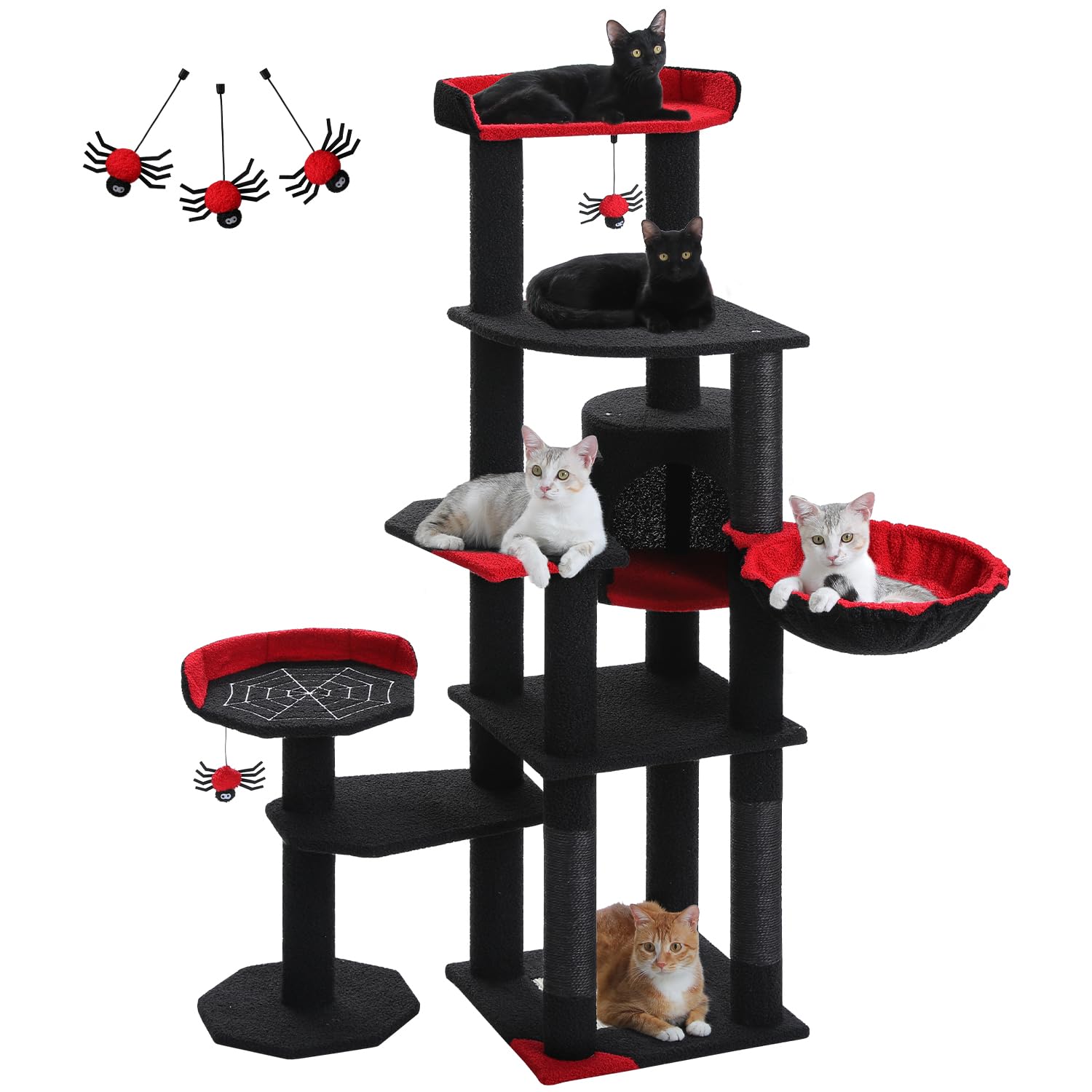 Muttros 59'' Gothic Cat Tree With Coffin Bed-Black Cat Tower For Indoor Cats With Spacious Cat Condo & Cozy Hammock, Spider Hang