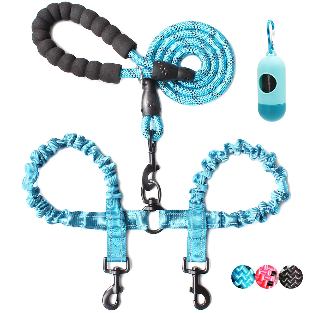 Baapet Double Dog Leash, 4 Ft Rope Dog Leash With Tangle Free Shock Absorbing Bungee And Poop Bags For Dual Small Medium Large Dogs (Small, Blue)