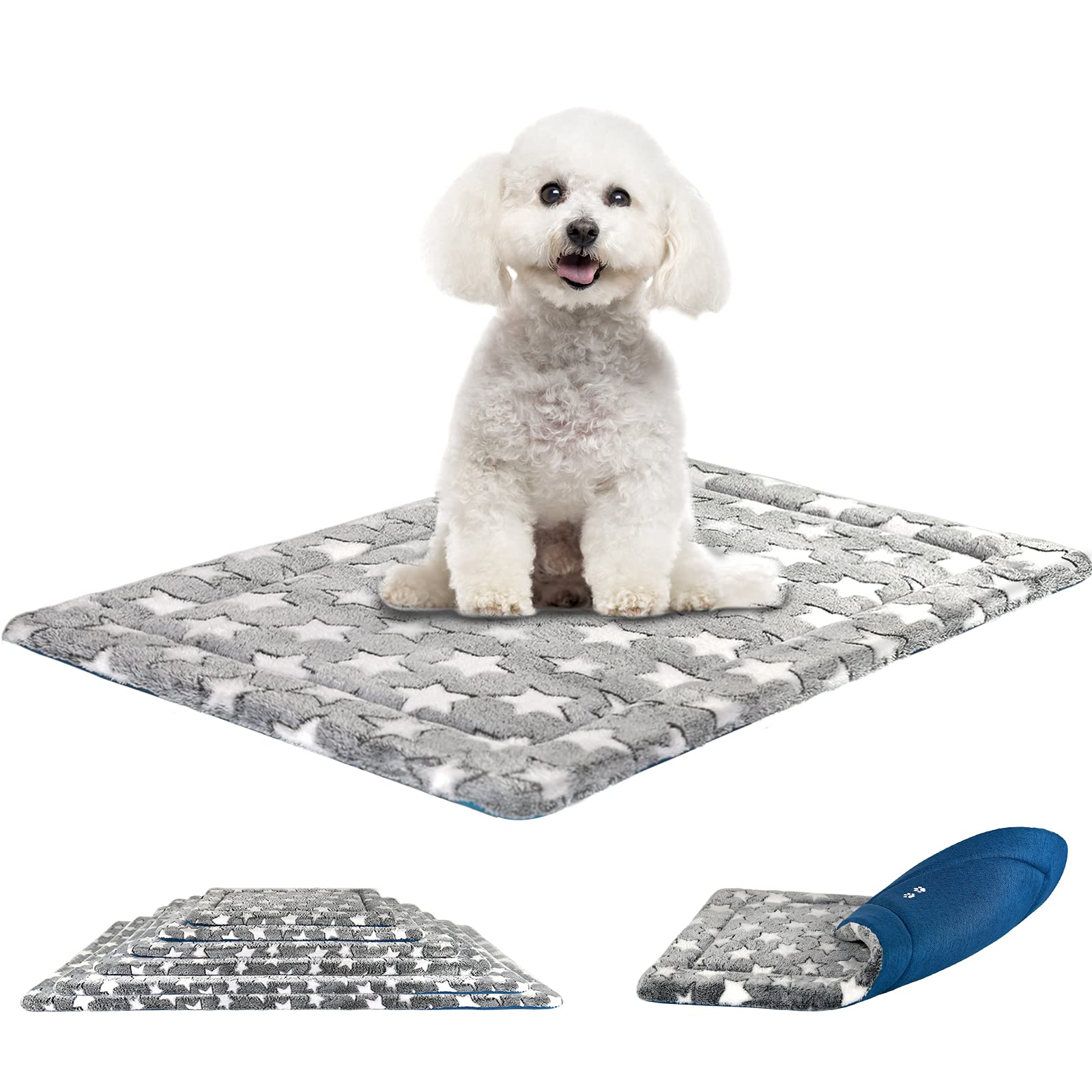 KROSER Fancy Dog Crate Pad & Bed Mat, Reversible (Cool & Warm), Machine Washable, Small to XXX-Large Dogs, Grey, Navy, Star Patt