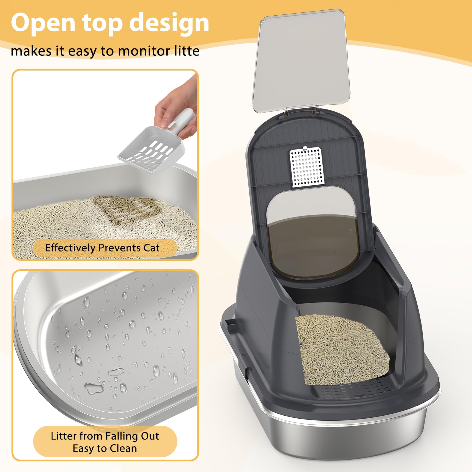 Stainless Steel Litter Box With Lid,Top Entry Covered Kitten Litter Box, Enclosed Litter Tray For Easy Cleaning & Odor Control,