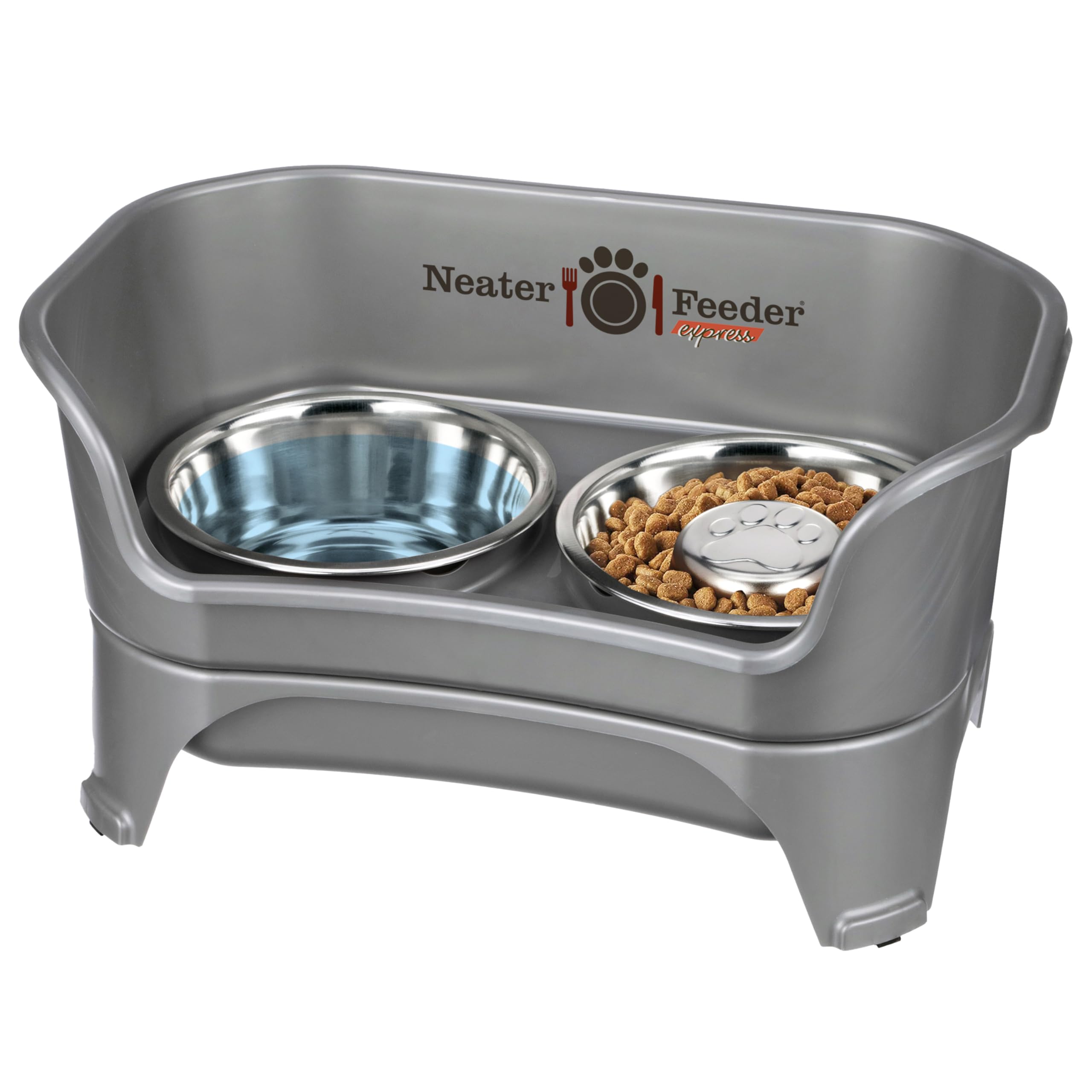 Neater Feeder - Express Model W/ Slow Feed Bowl - Mess-Proof Dog Bowls (M/L, Grey) Made In Usa - Elevated, No Spill, Non-Tip, No