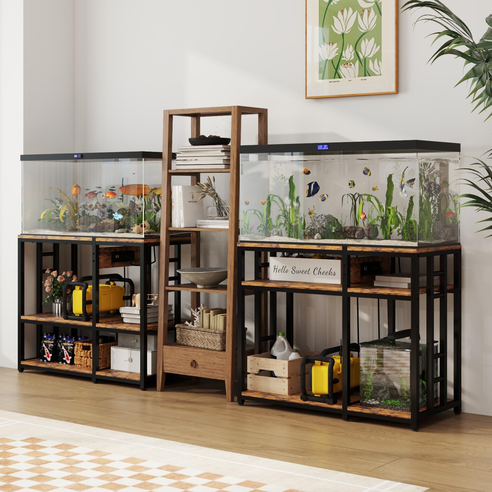 MILEFA 40-50 Gallon Aquarium Stand - Ultra-Stable Metal Fish Tank Stand with Power Outlet, Rustic Brown, 750LBS Capacity, 37"x19" Shelving