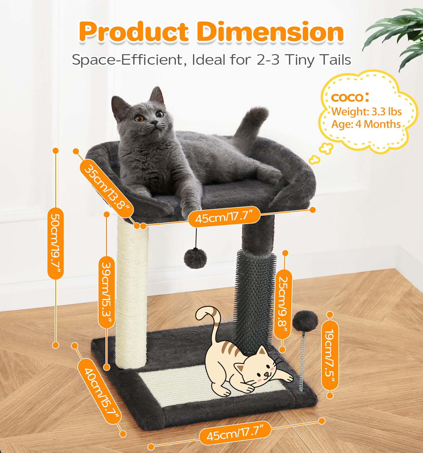 Made4Pets Small Cat Tree Tower, Cat Scratching Post 4-In-1 With Cat Self Groomer Brush, 20'' Tall Natural Sisal Cat Scratcher, S