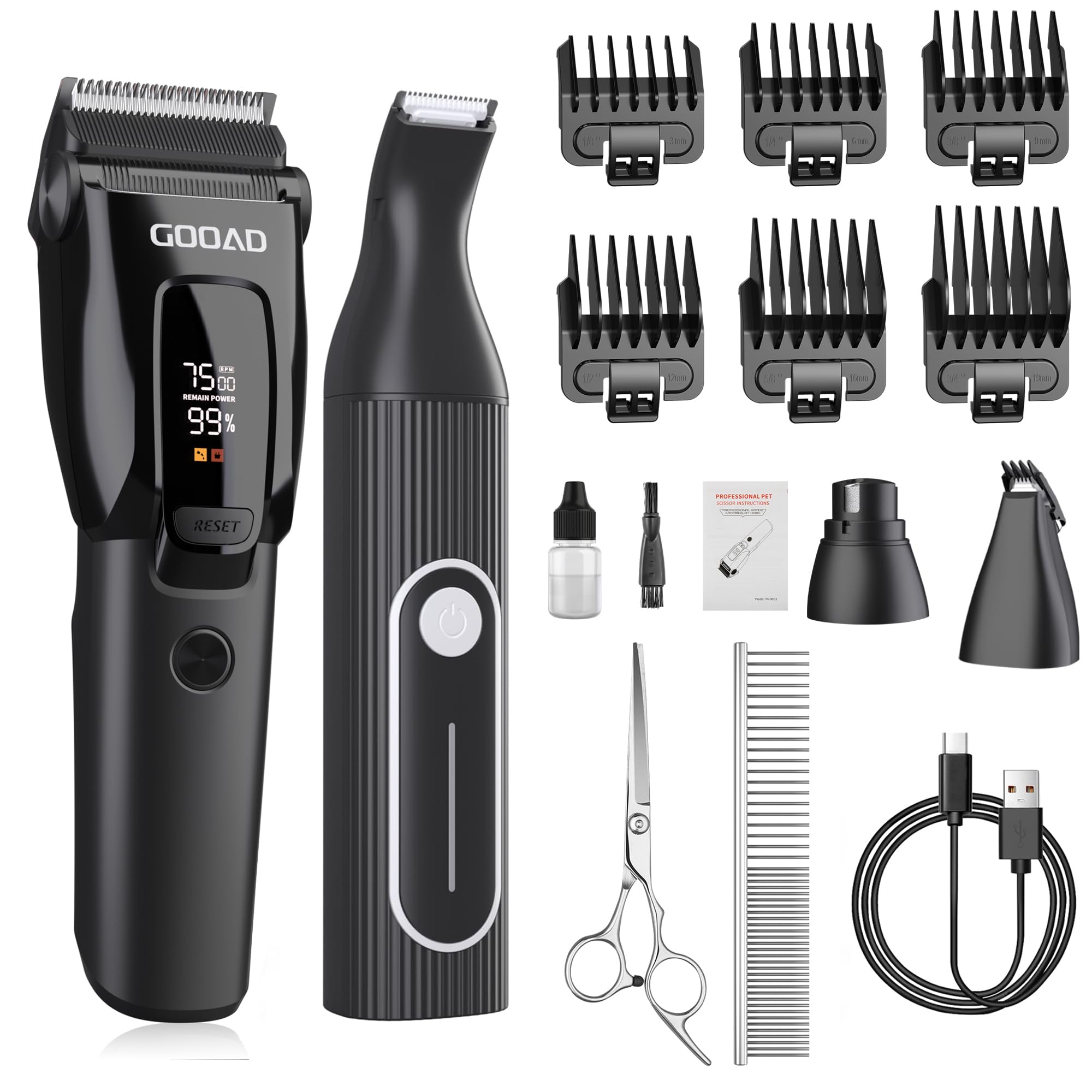 Gooad Dog Clippers For Grooming Heavy Thick Hair & Coats, 7500Rpm Low Noise Cordless Pet Shaver, Dog Grooming Kit With Paw Trimm