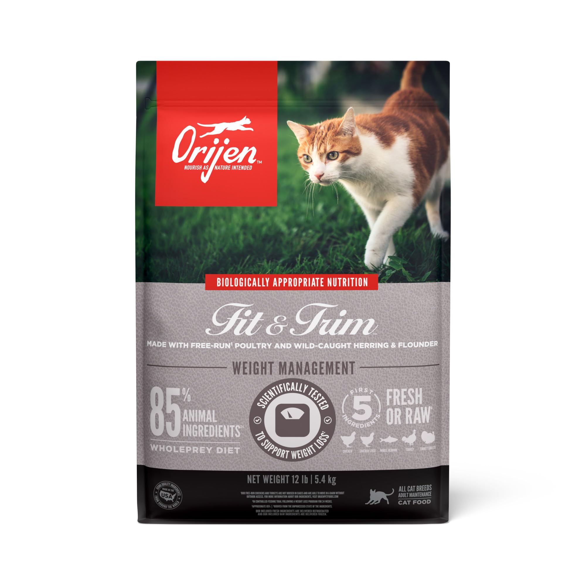 ORIJEN Fit and Trim Dry Cat Food, Grain Free Cat Food for Adult Cats, With WholePrey Ingredients, 12lb
