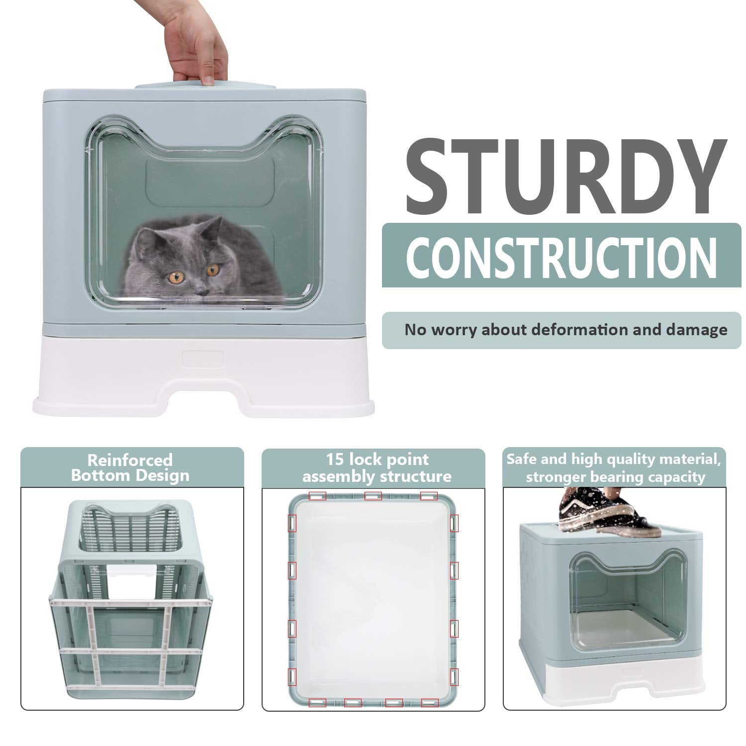 Foldable Cat Litter Box With Lid, Enclosed Cat Potty, Top Entry Anti-Splashing Cat Toilet, Easy To Clean Including Cat Litter Scoop And 2-1 Cleaning Brush (Blue), Large