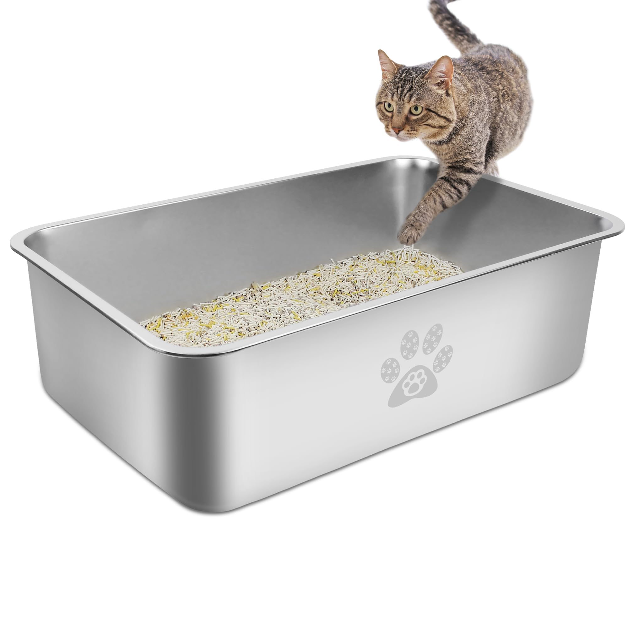 Pwtaa Stainless Steel Cat Litter Box High Side Cats Toilet Metal Kitten Litter Pan, Pet Cleaning Tool For Big And Small Cats, Ra