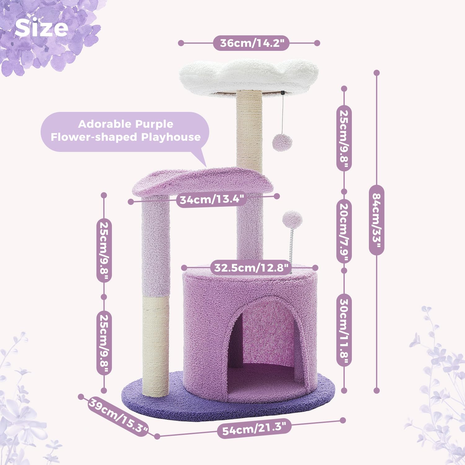 PAWZ Road Cat Tree,32 Inches Purple Flower Cat Tower with Sisal Covered Scratching Post, Cozy Condo, Plush Perches and Fluffy Ba