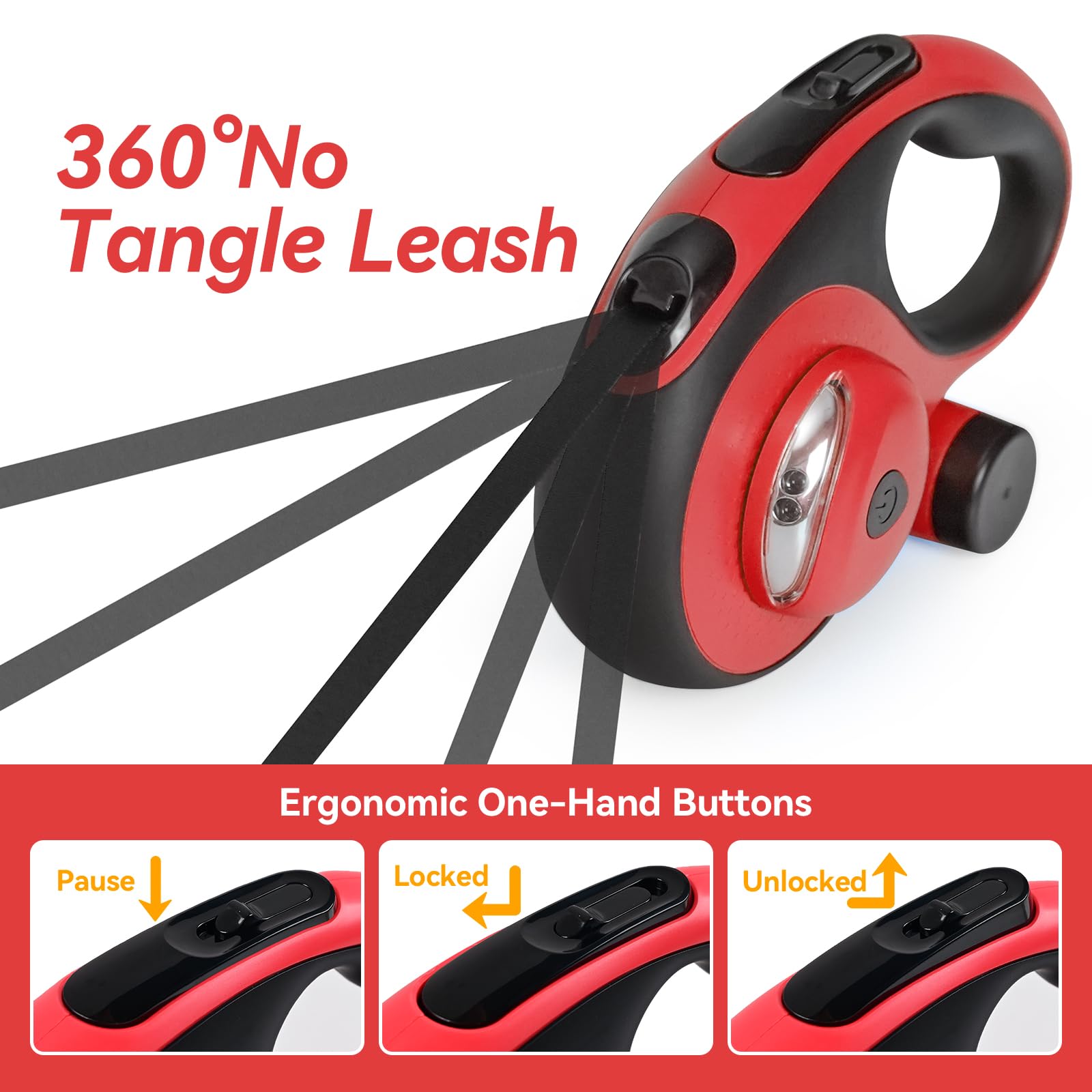 ODRIEW Retractable Dog Leash - Heavy Duty 26ft for Large Dogs up to 110lbs, Chew Proof, LED Light, Red