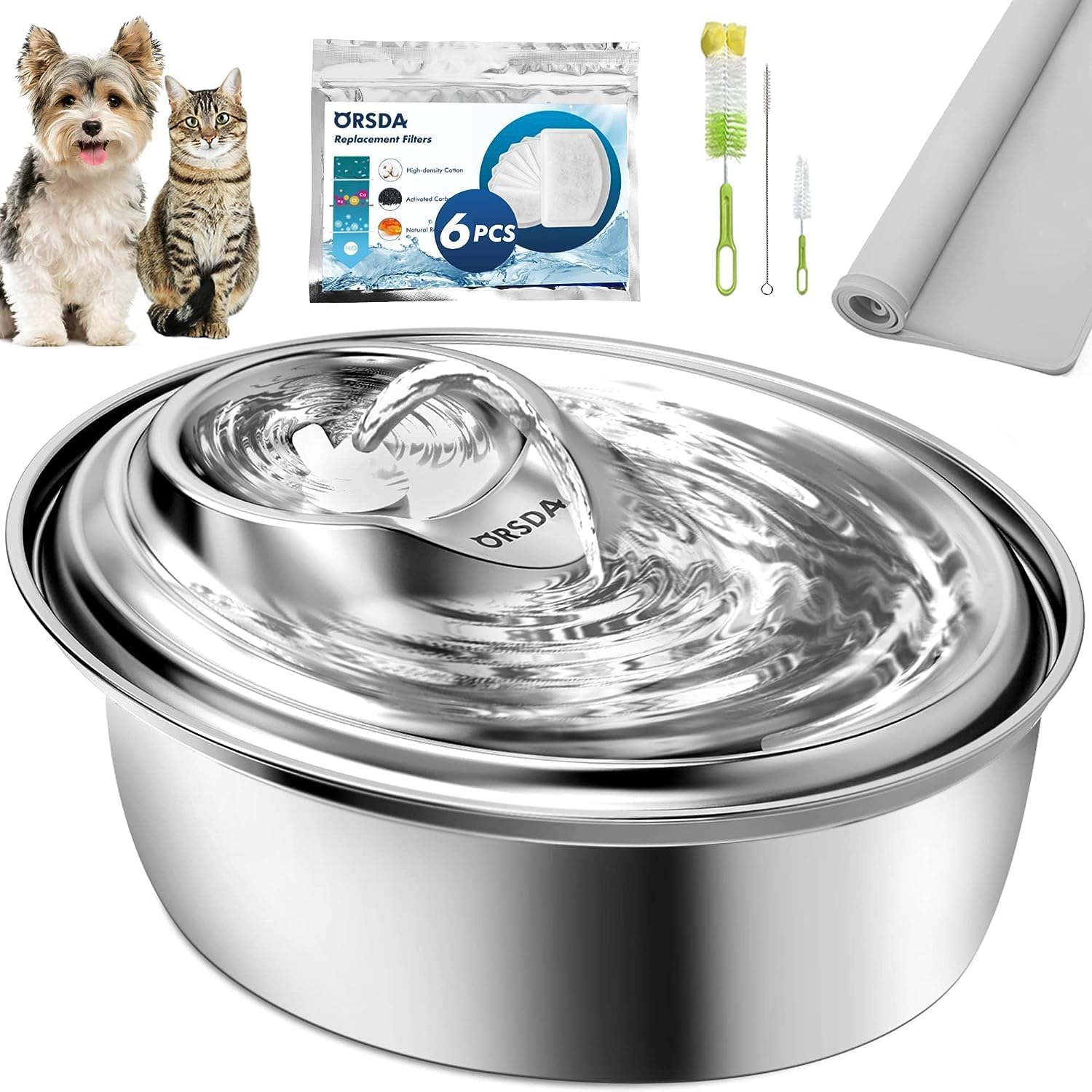 Orsda Cat Water Fountain Stainless Steel, 3L Automatic Pet Drinking Fountain For Cats Inside, Dog Water Dispenser With Adjustabl
