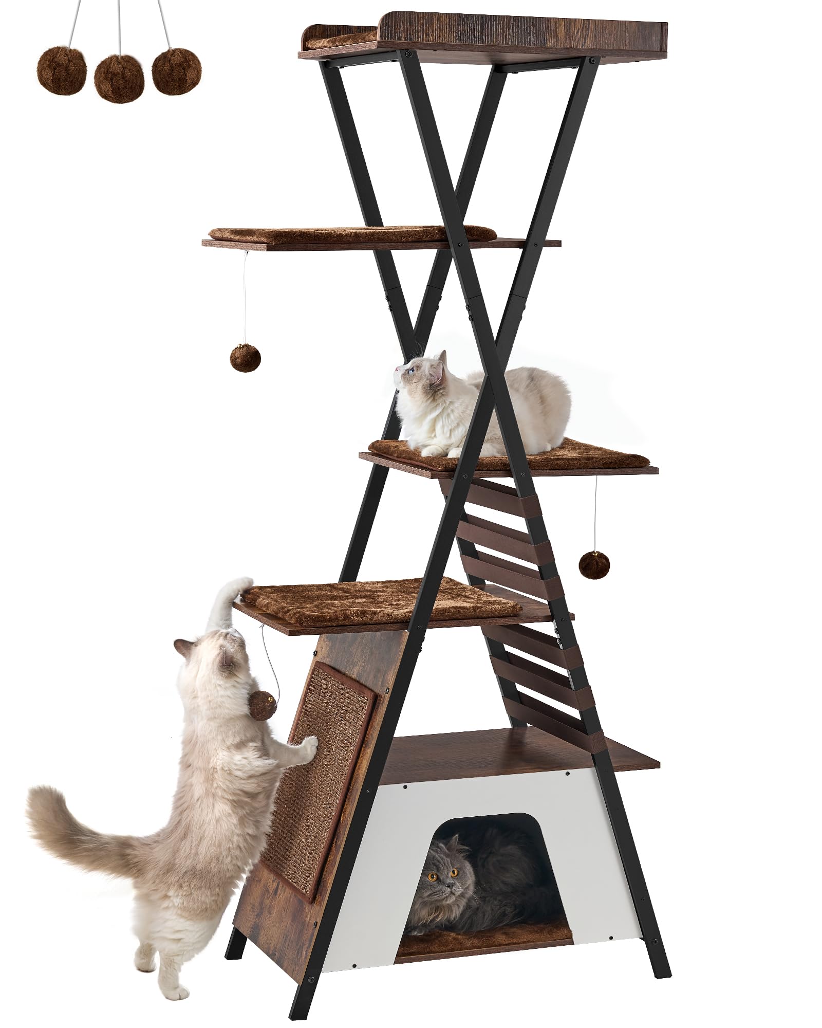 Fourfurpets 72.4'' Modern Cat Tower For Indoor Cats - Multi-Level Condo With Caves, Tall Tree With Scratching Board, Wooden Towe