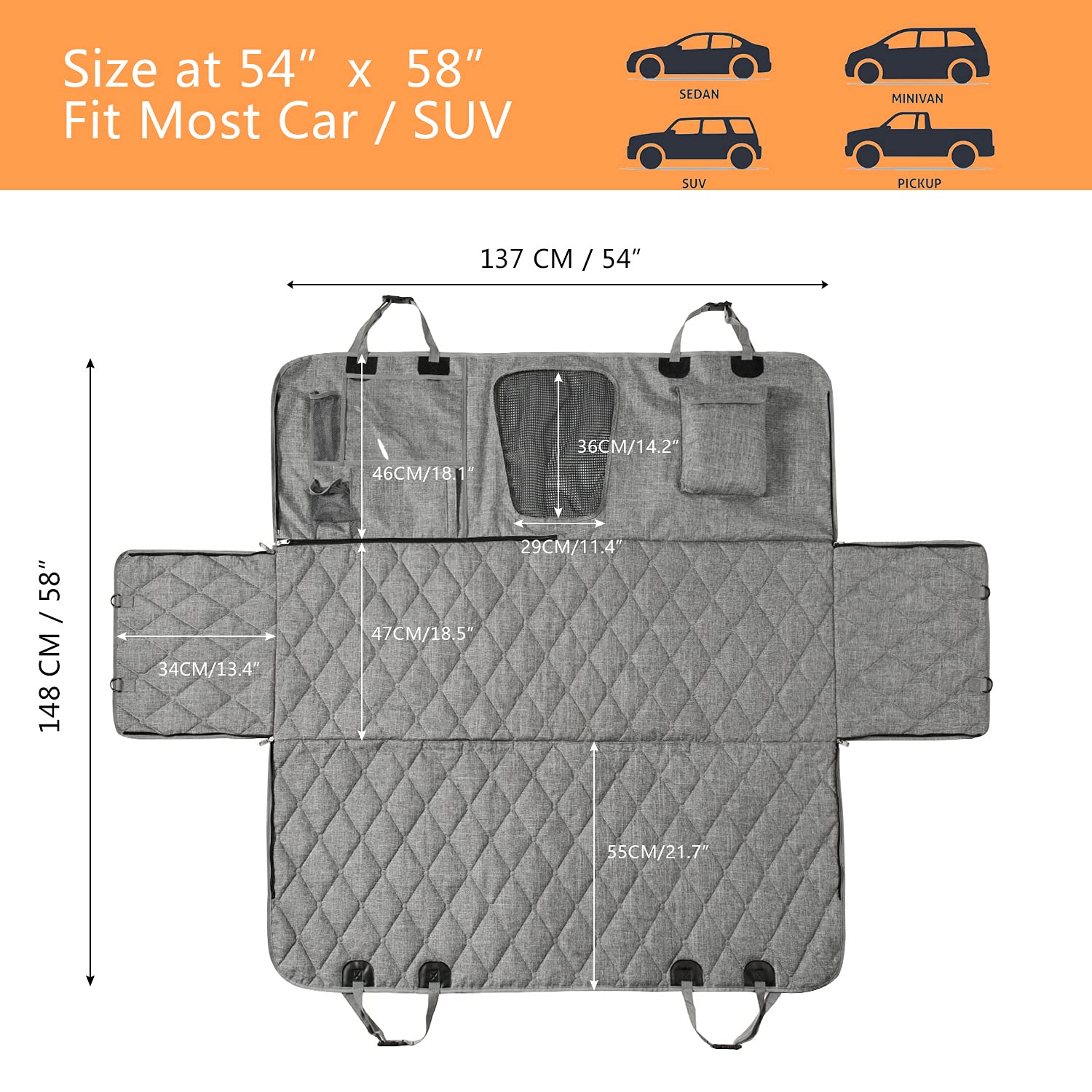 Hanjo Pets Car Dog Cover Back Seat - Car Hammock For Dogs Waterproof - Dog Car Seat Cover For Backseat With Mesh Window Multiple Pockets For Car/Suv Nonslip Rubber Back Washable