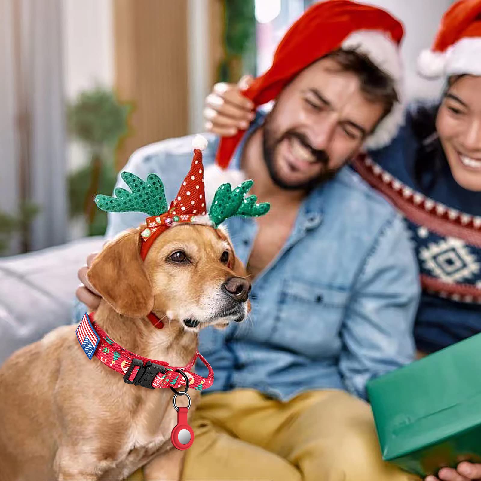 Daganxi Tactical Dog Collar, Adjustable Military Training Nylon Dog Collar With Control Handle And Heavy Metal Buckle For Medium And Large Dogs, With Patches And Airtags Case (Xl, Christmas Red-Set)