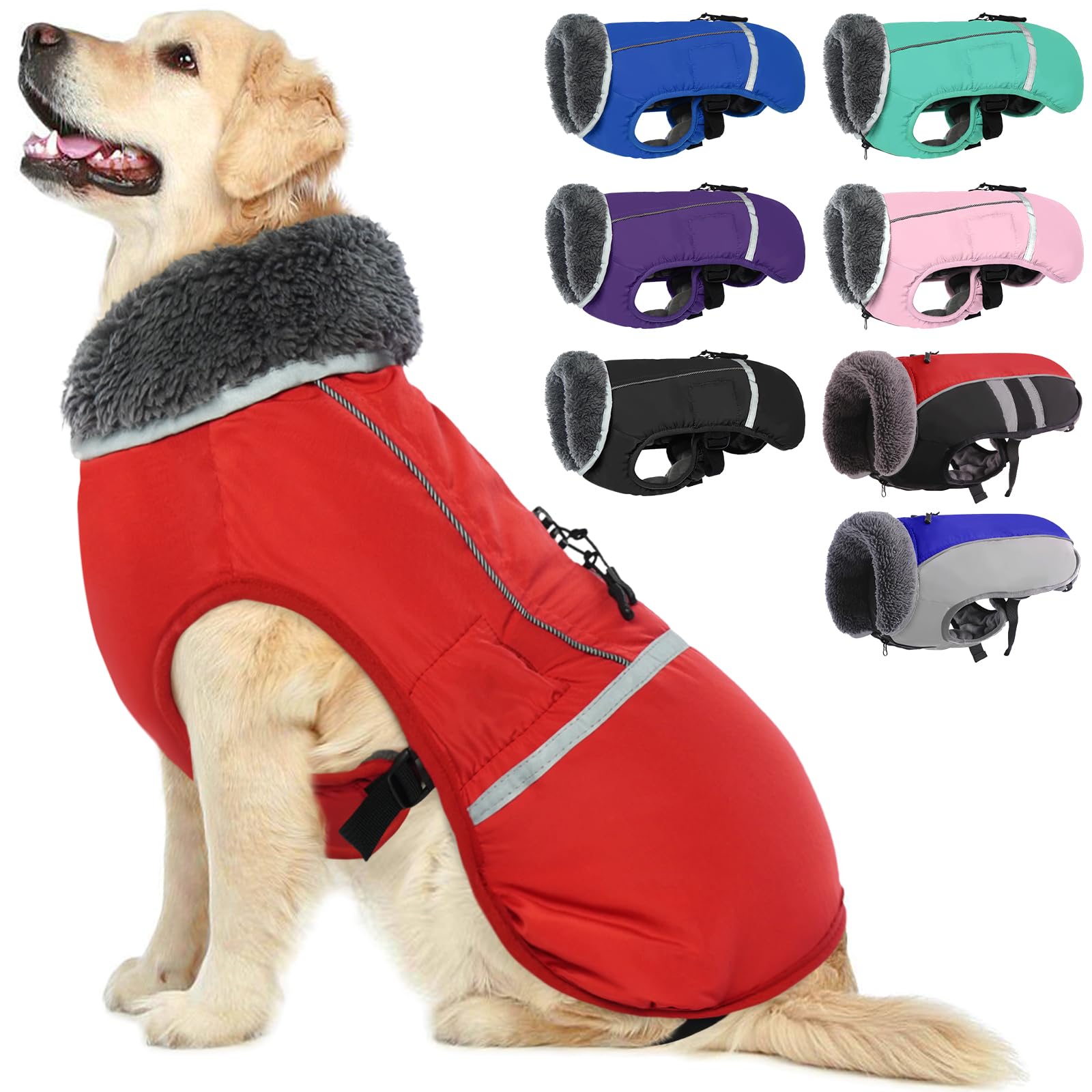 Warm Dog Coat Reflective Winter Jacket, Waterproof Windproof Dog Turtleneck Clothes for Cold Weather, Thicken Fleece Lining Pet 
