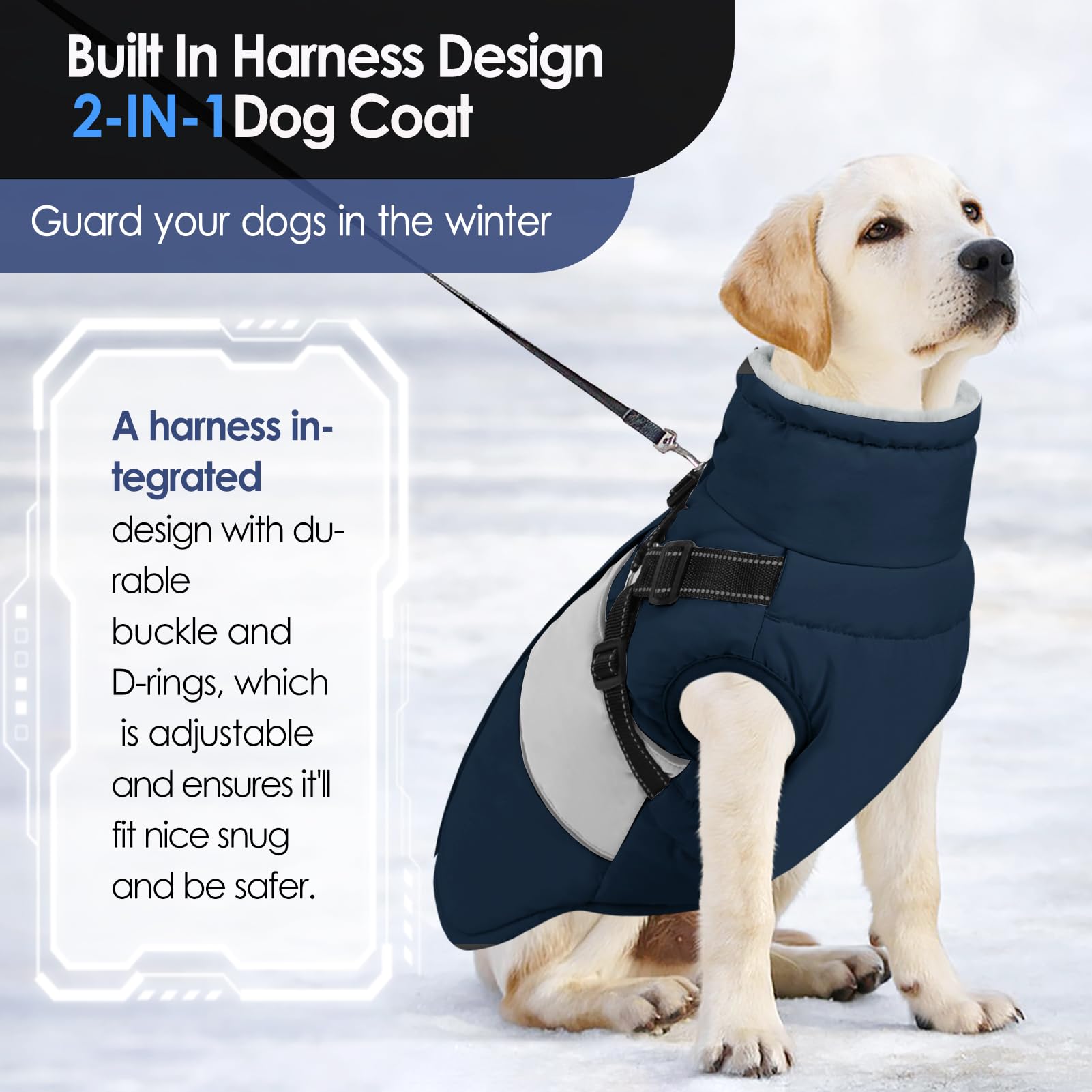 Aofitee Dog Winter Coat - Built-In Harness, Reflective Waterproof Puffer Jacket, Warm Fleece Windproof Sweater For Large Dogs, B