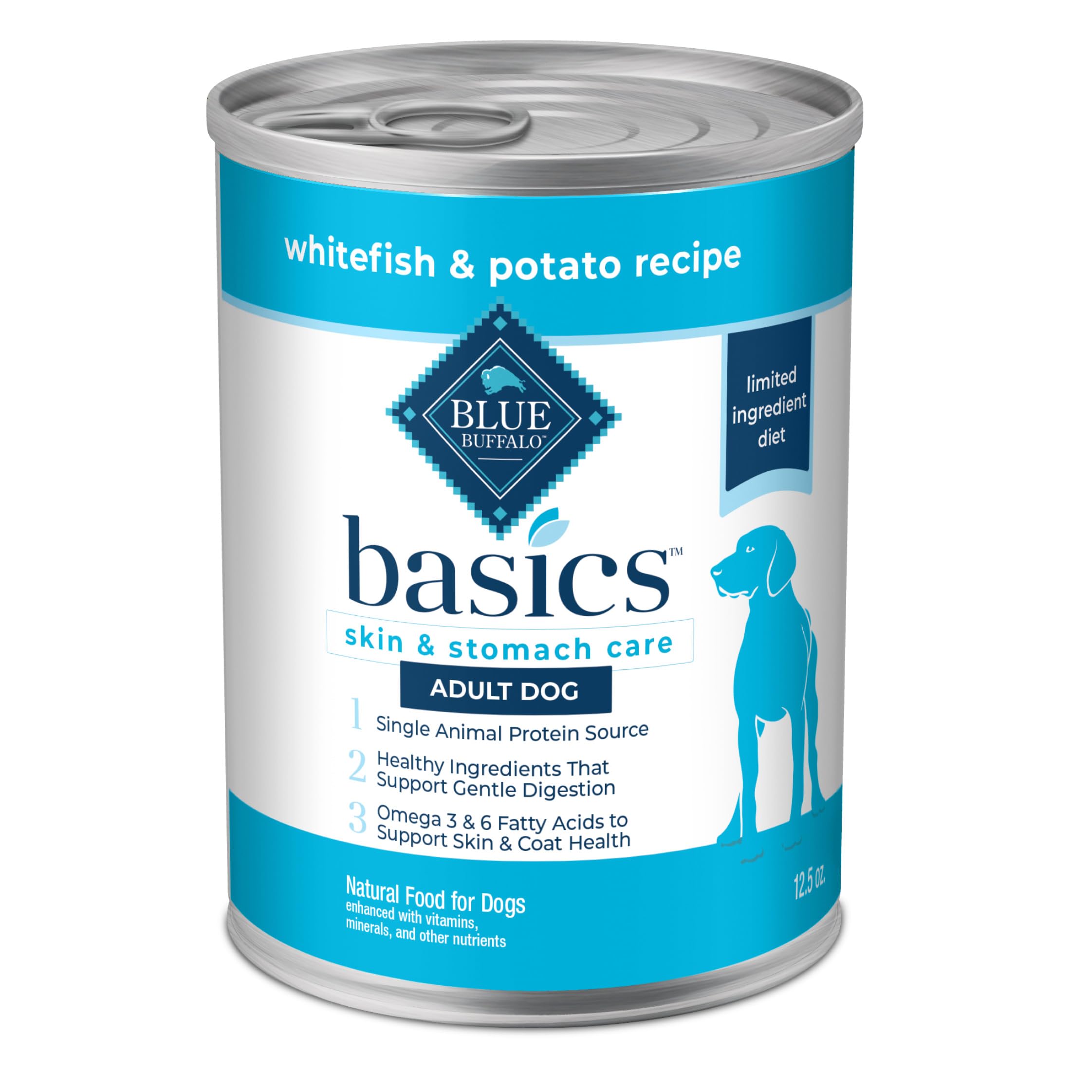 Blue Buffalo Basics Grain-Free Adult Wet Dog Food, Skin & Stomach Care, Limited Ingredient Diet, Whitefish Recipe, 12.5-oz. Can,