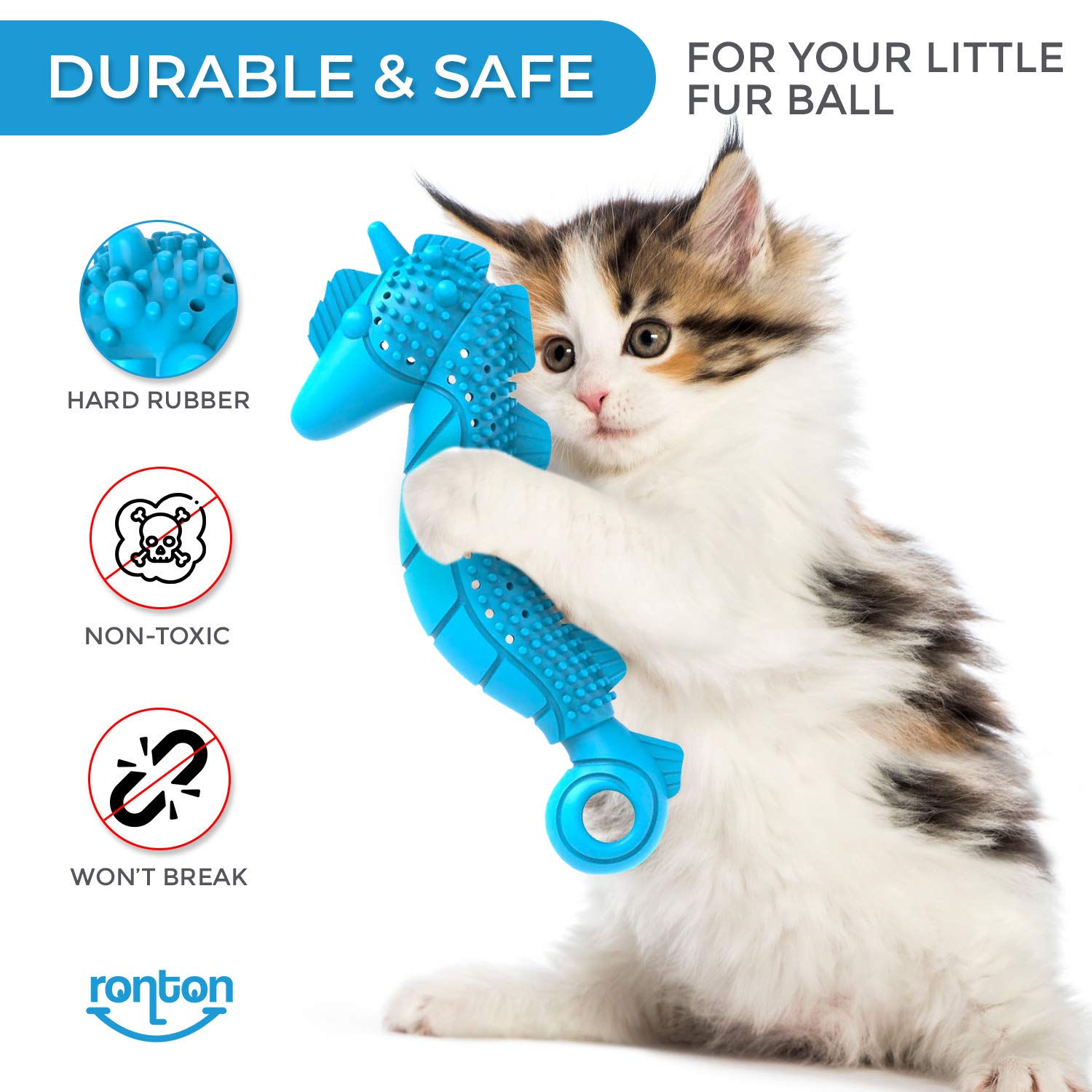 Ronton Cat Toothbrush Catnip Toy - Durable Hard Rubber - Cat Dental Care, Cat Interactive Toothbrush Chew Toy (1 Pack_Seahorse)