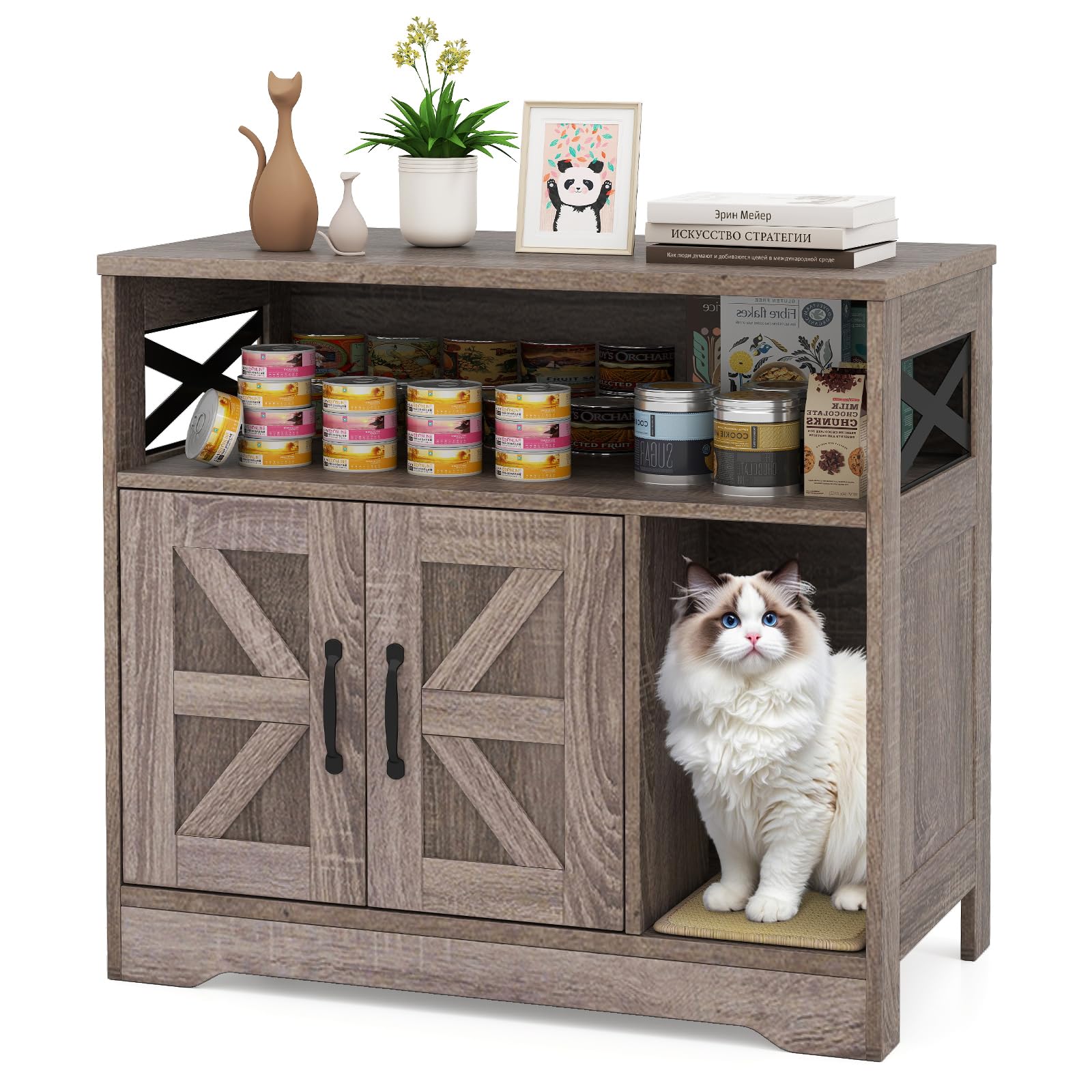 PETSITE Farmhouse Cat Litter Box Enclosure, Hidden Litter Box Enclosure Furniture with Open Storage Compartment, and Sisal Scrat