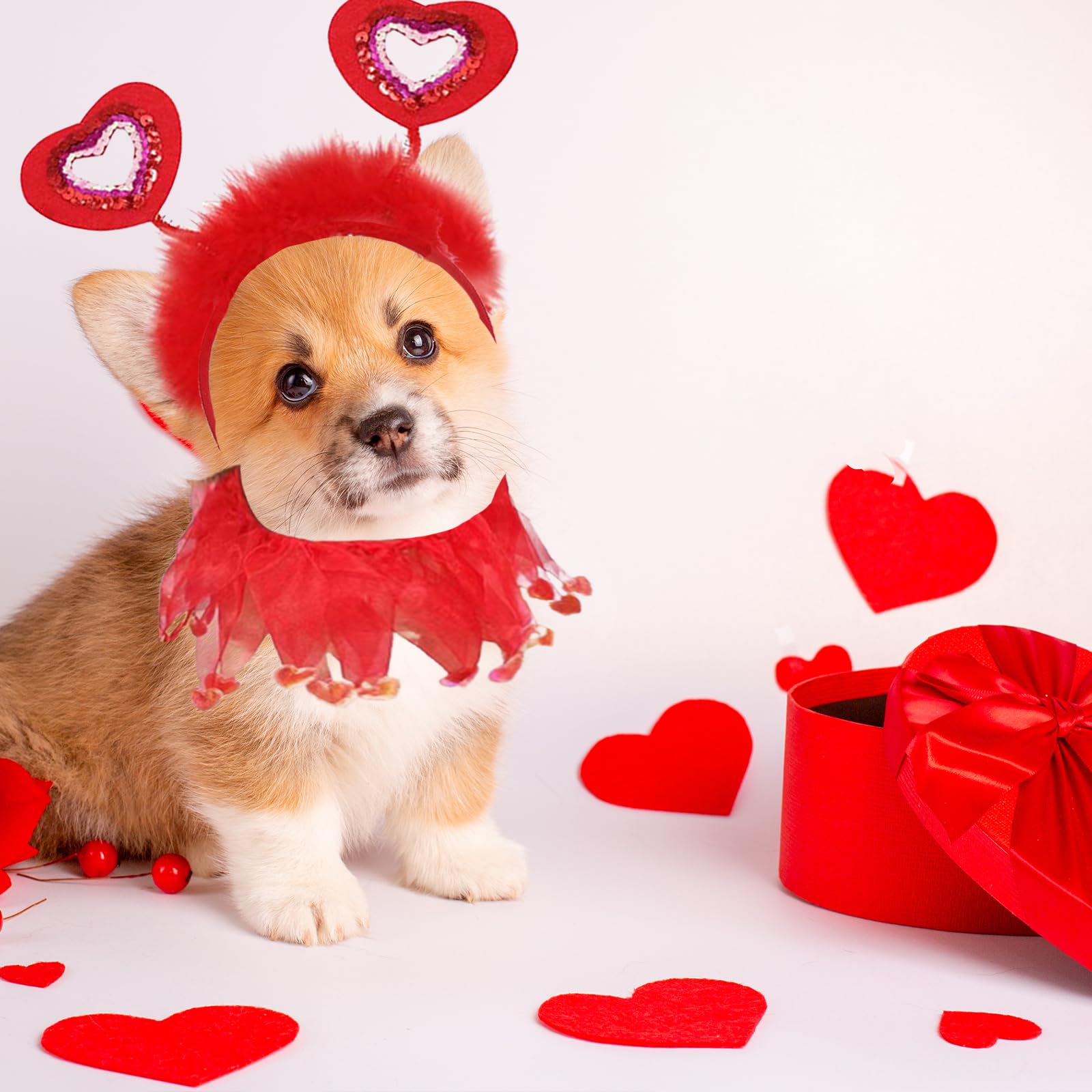 Dog Day Outfit, Red Glitter Heart Dog Headband And Tutu Collar Costume Set, Valentines Party Accessories For Small Medium Large