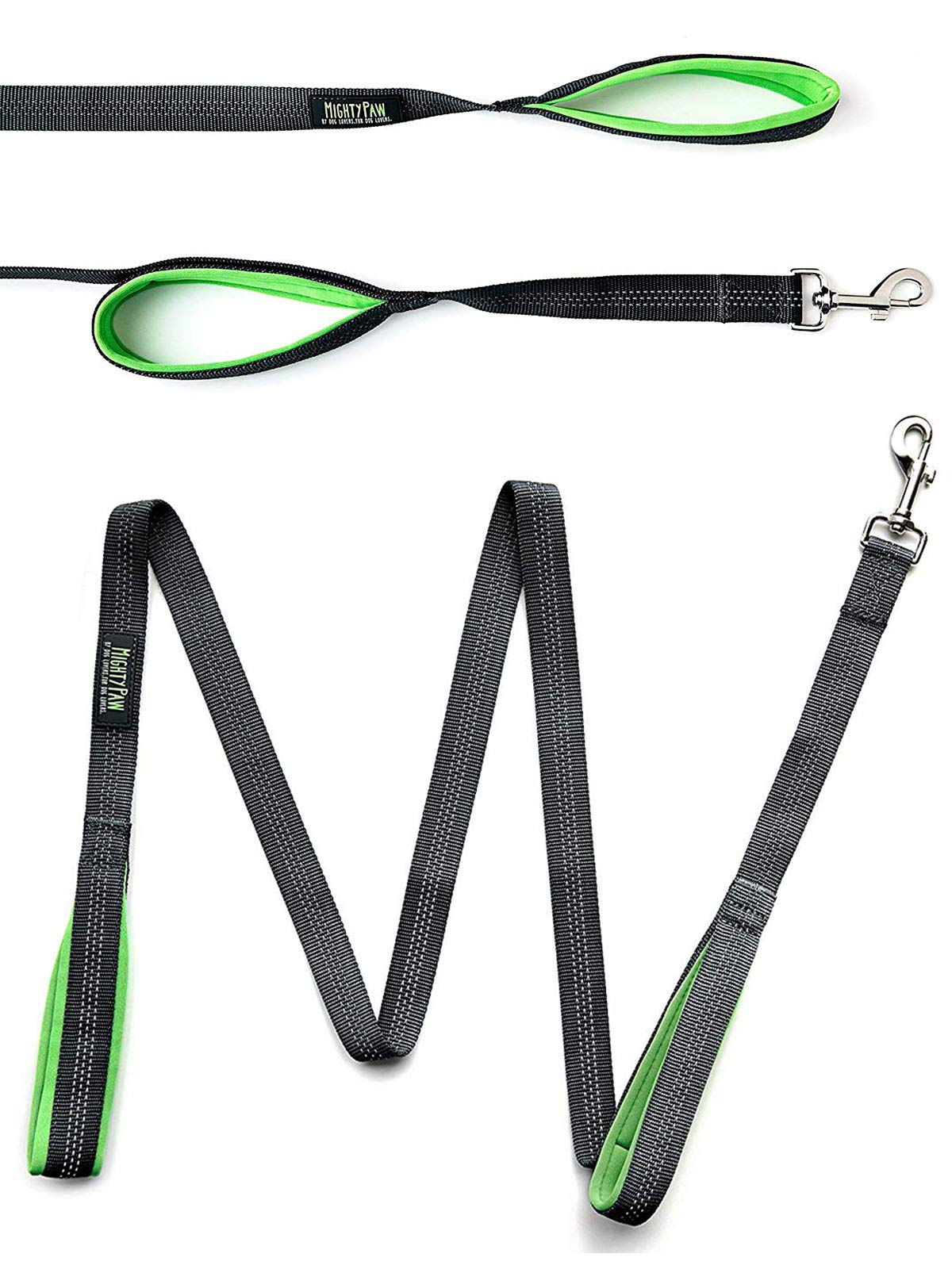 Mighty Paw Dual Handle Dog Leash - Reflective Lead With Two Handles - Dual Dog Leash Long - 2 Handle Dog Lead - Dog Leash With Traffic Loop Dog Leash 6 Foot (Grey/Green)
