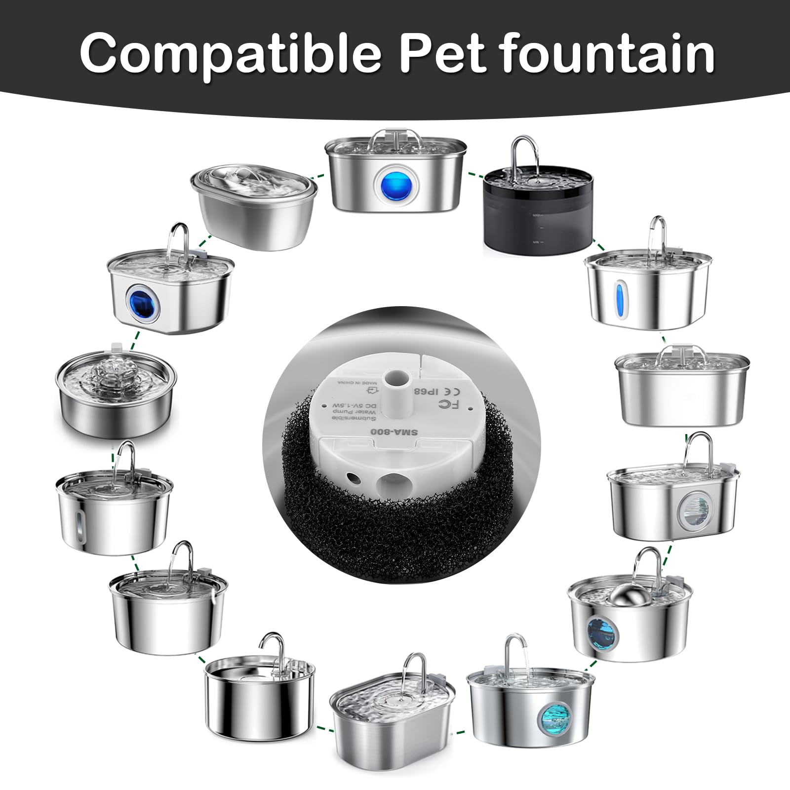 Cat Water Fountain Pump, Pet Water Fountain Replacement Pump Sma-800 Submersible Motor For Stainless Steel Indoor Cat Fountain P