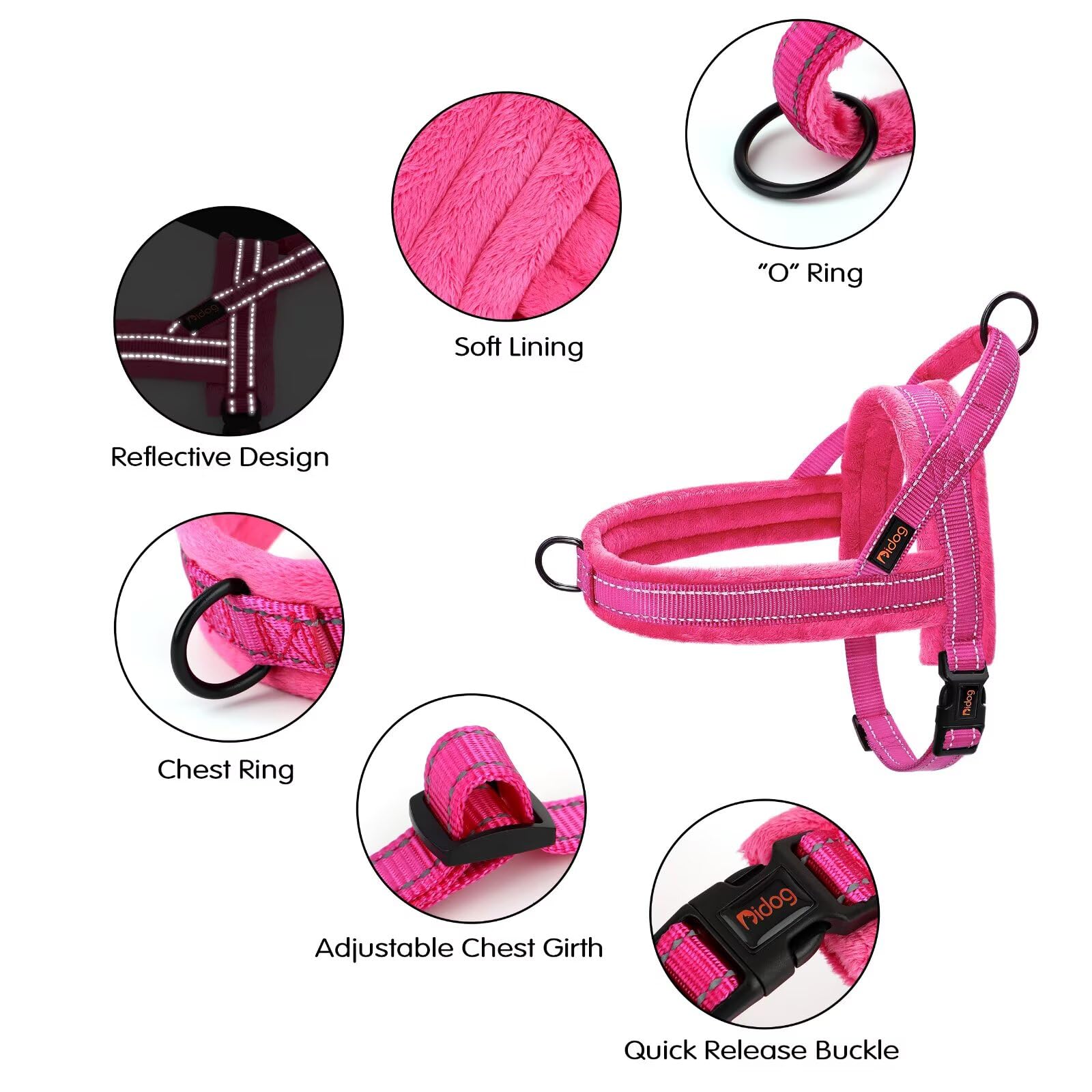 Didog Soft Flannel Padded Dog Vest Harness, Escape Proof/Quick Fit Reflective Dog Strap Harness,Easy For Training Walking,Hot Pi