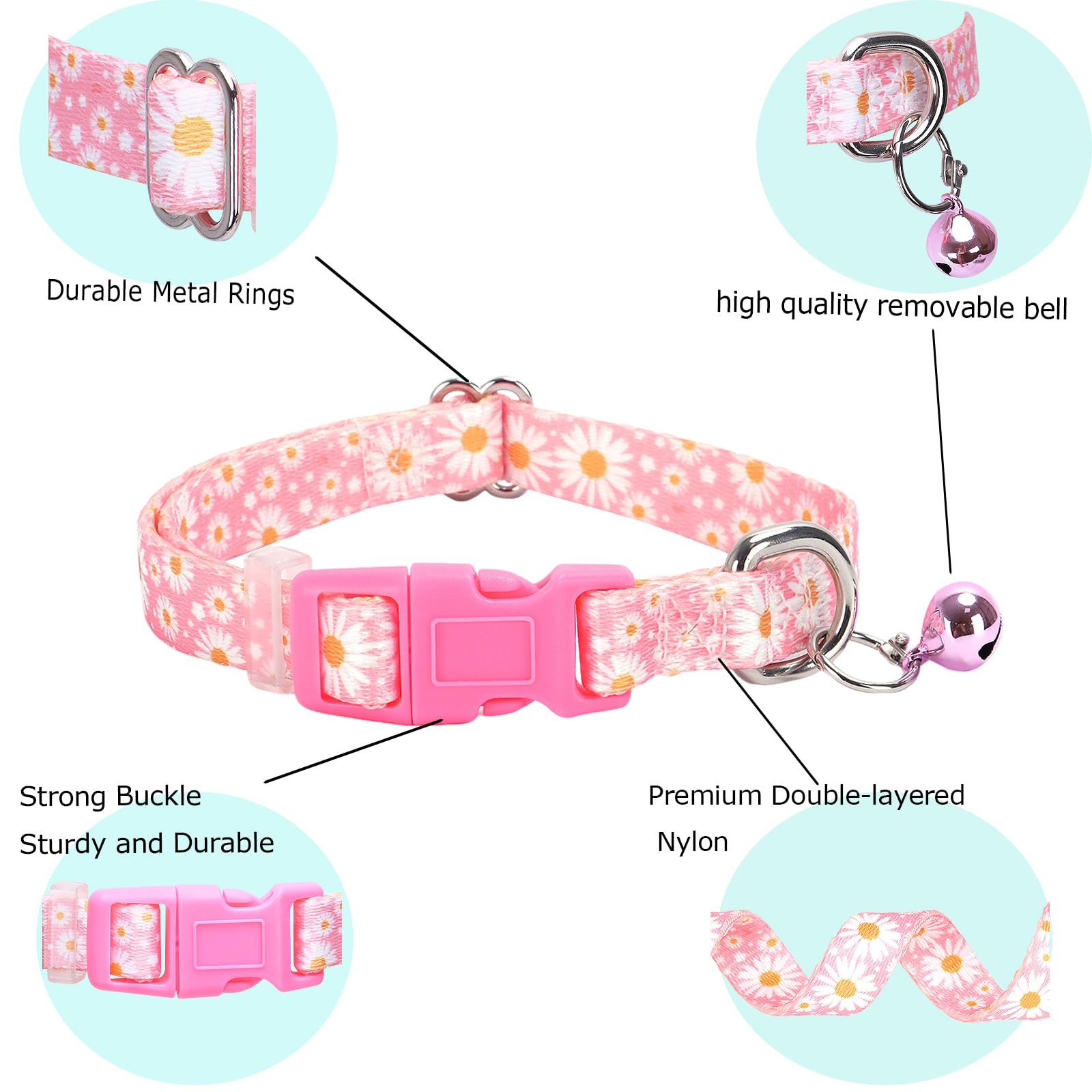 Pink Small Dog Collar With Bell, Pretty Floral Daisy Girl Cat Collar Flower Puppy Collars With Bells For Xs Small Tiny Pet Femal