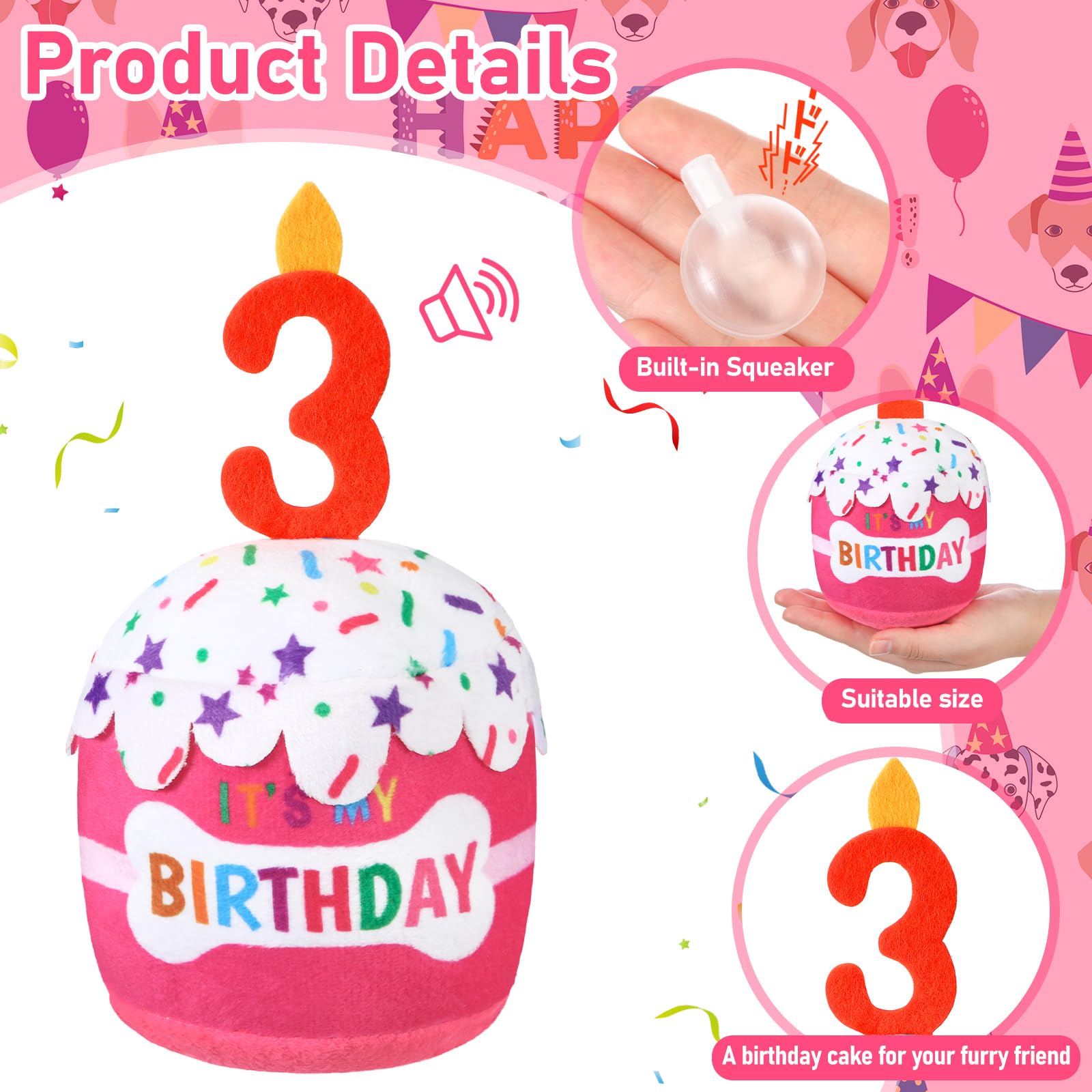 Dansydaisy Dog Birthday Cake Toy, Squeaky Plush for All Sizes, Pink, Model ZHU-Dansydaisy-0886