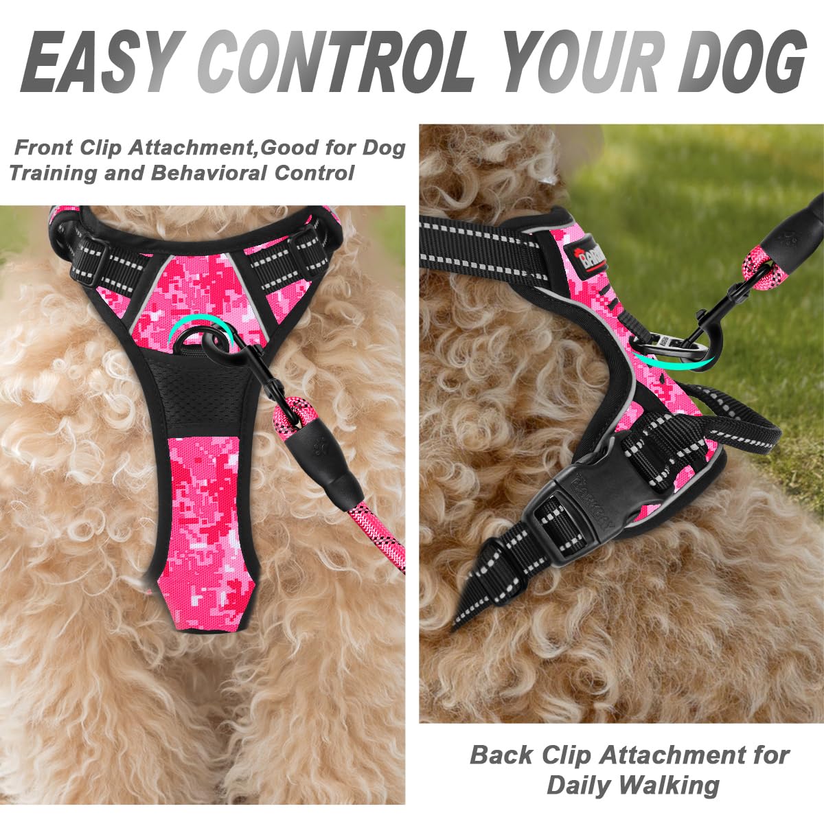 BARKBAY No Pull Dog Harness Front Clip Heavy Duty Reflective Easy Control Handle for Large Dog Walking(Pink camo,XS)