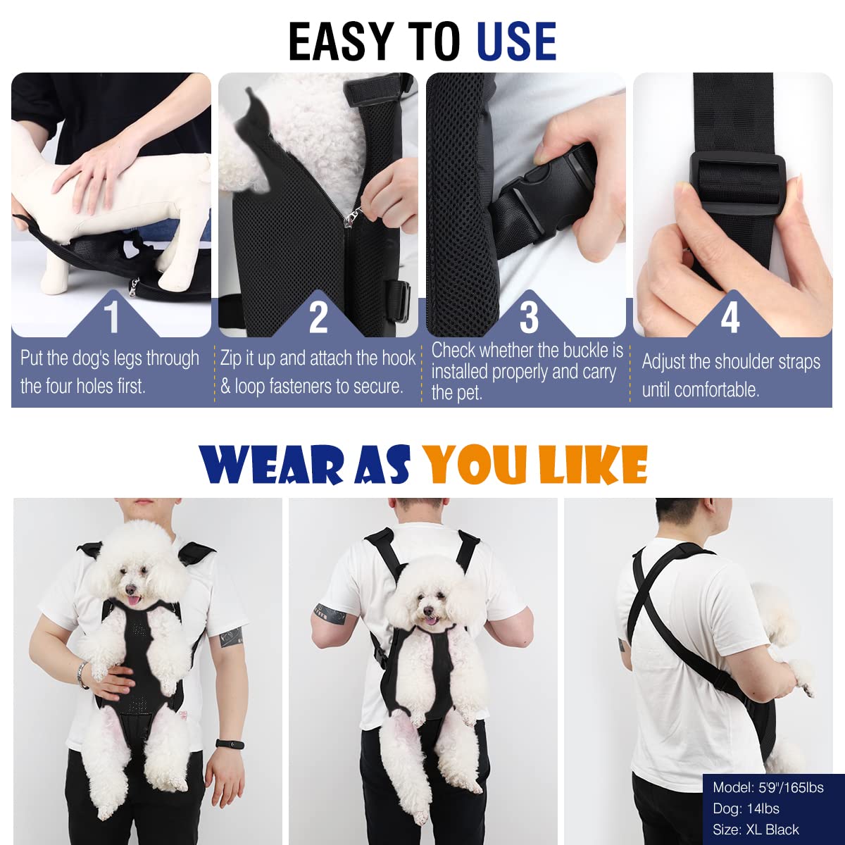 Pawaboo Pet Carrier Backpack, Adjustable Pet Front Cat Dog Carrier Backpack Travel Bag, Legs Out, Easy-Fit For Traveling Hiking Camping For Small Medium Dogs Cats Puppies, Small, Black