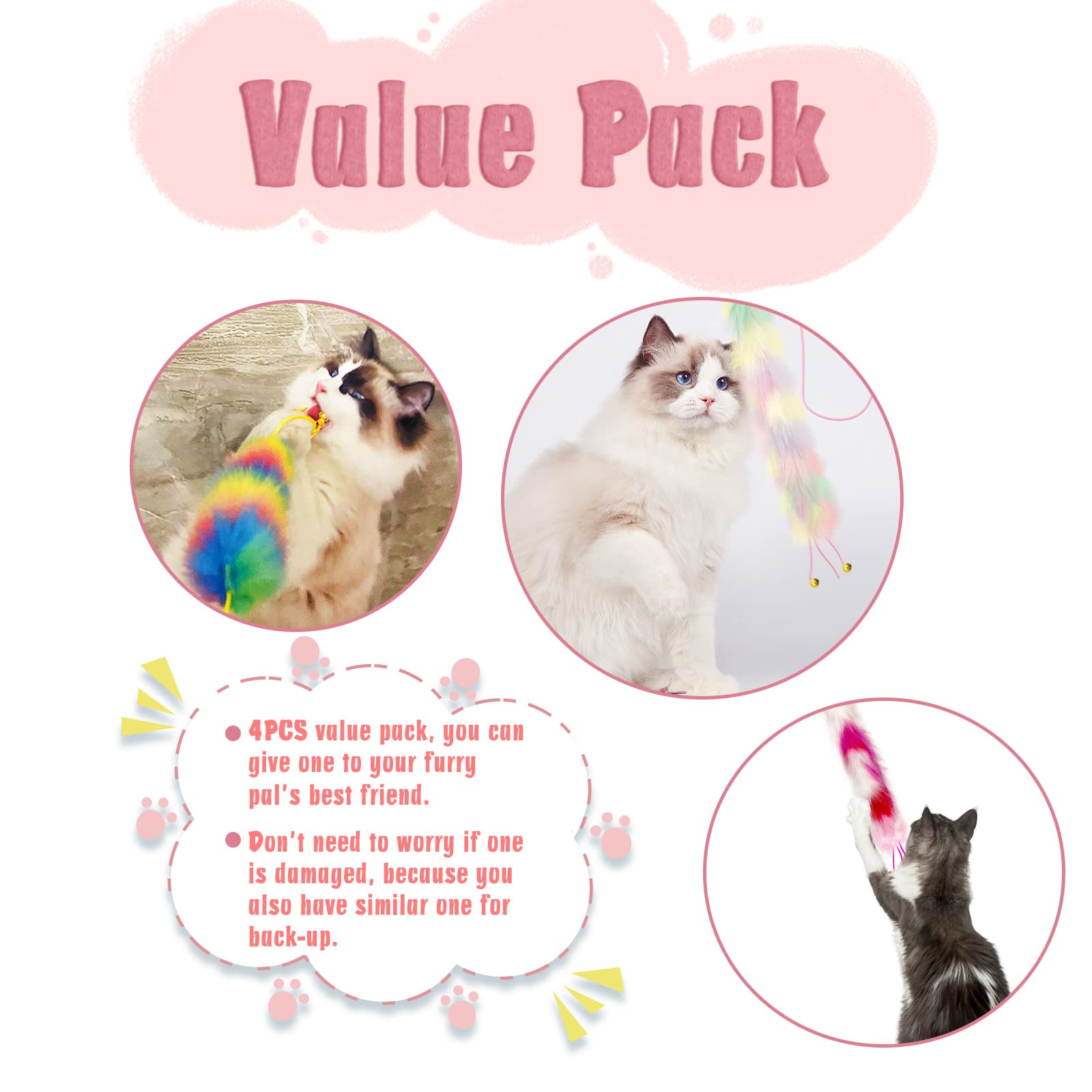 Lepawit 4 Pack Cat Wand Toy, Rainbow Cat Feather Toys With Bells, Teaser Wand With Soft Furry Tail, Interactive Toys For Indoor