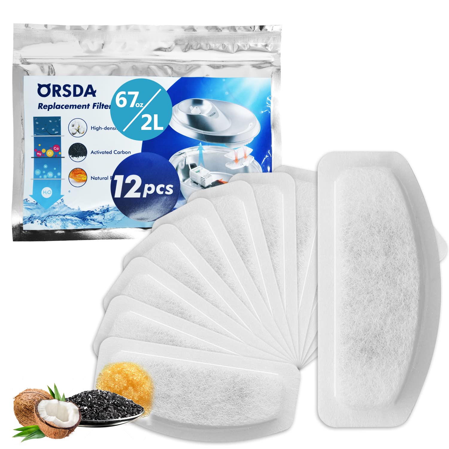 Orsda Cat Water Fountain Filters, Replacement Carbon, Resin Filters For D30 67Oz/2L Automatic Pet Fountain Cat Water Fountain Dog Water Dispenser, 3 Triple Filtration System (12Pcs 67Oz/2L Filters)